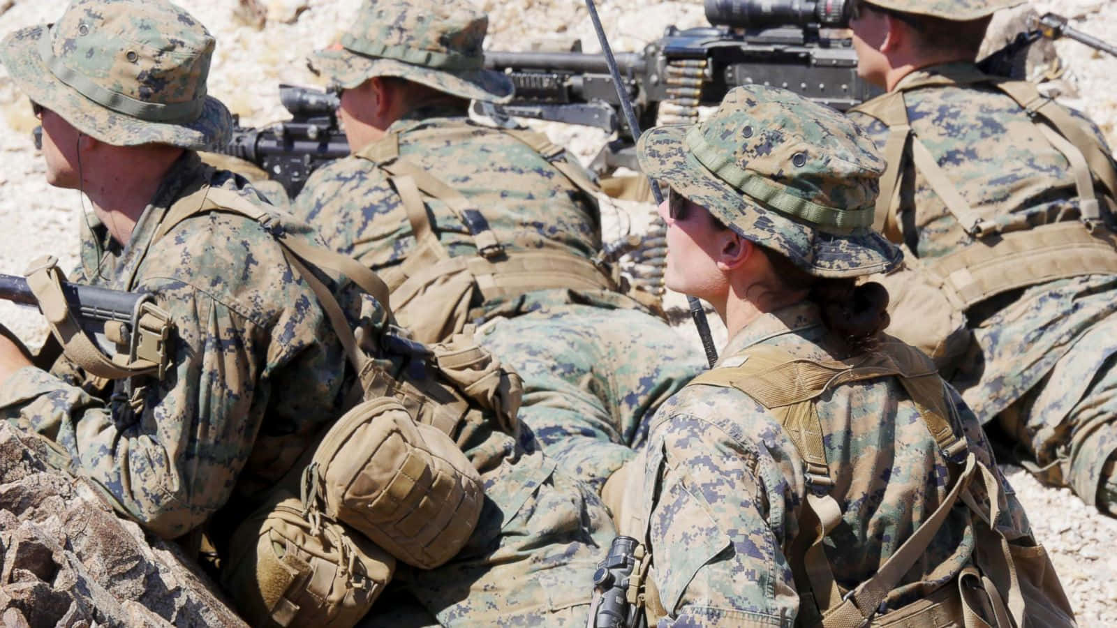 Marines, camouflage gear, rocky desert landscape, HD Desktop Wallpaper