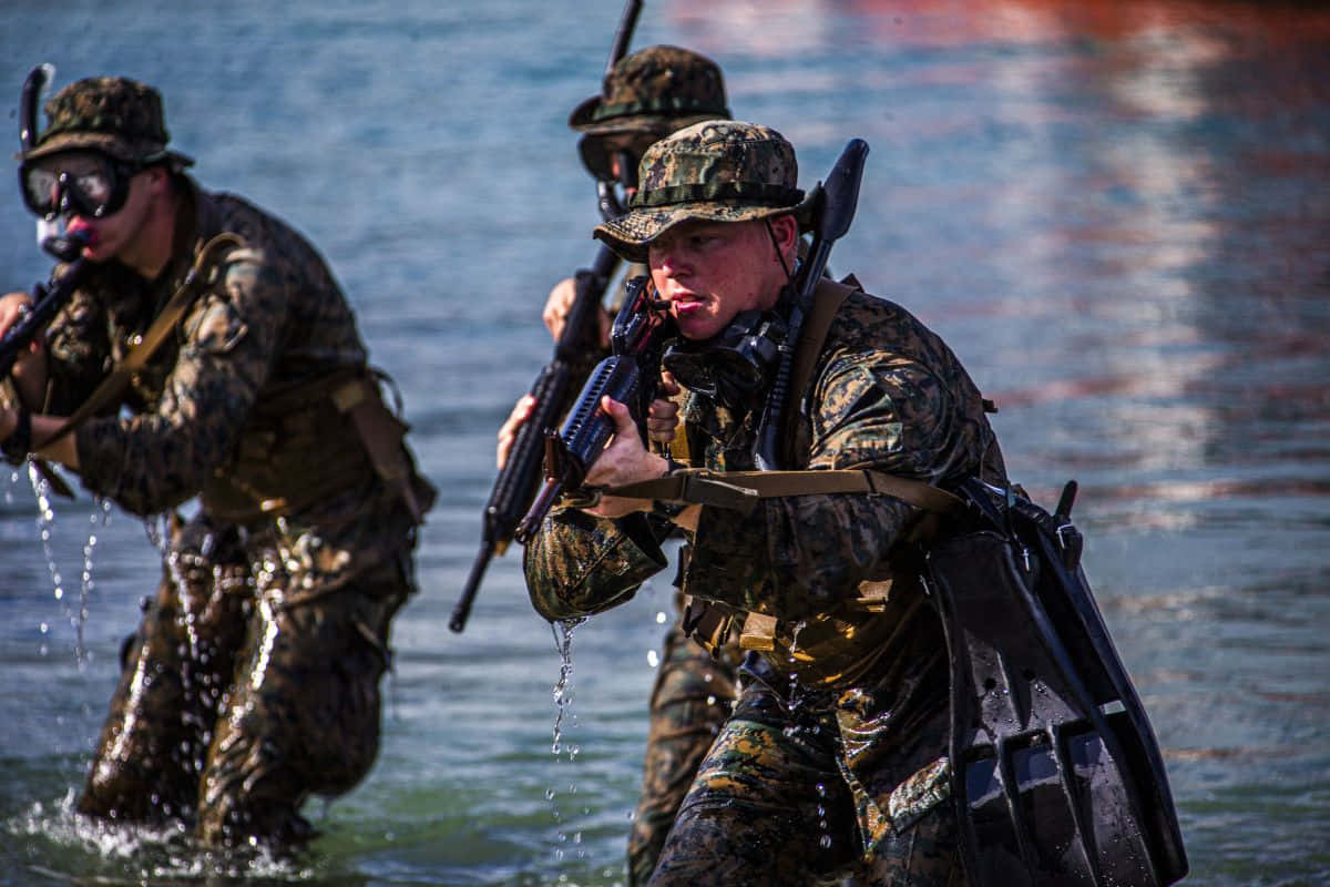 Marines, camouflage gear, rifle, SD Desktop Wallpaper