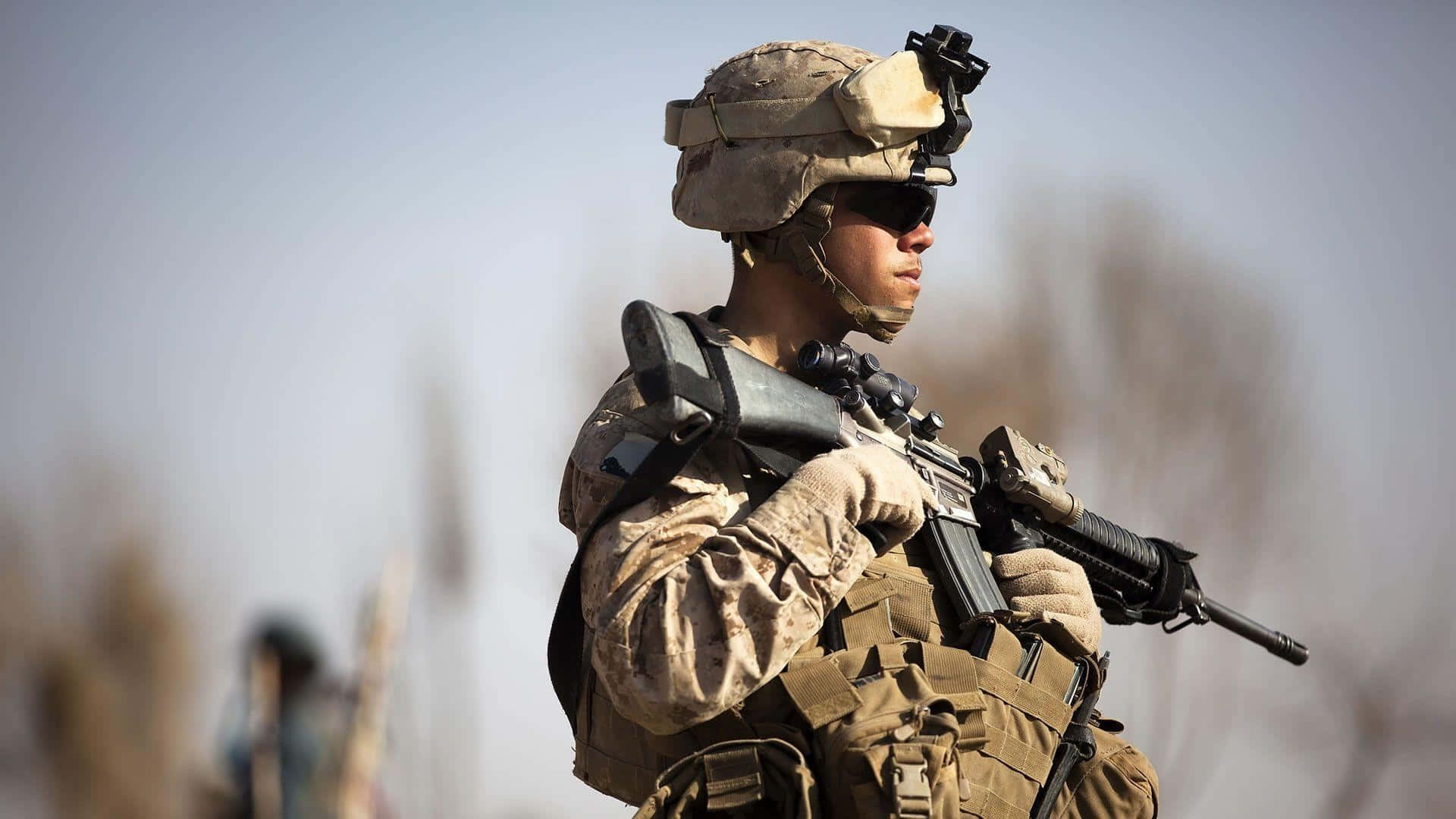 Marines, desert camouflage gear, rifle, Full HD Desktop Wallpaper