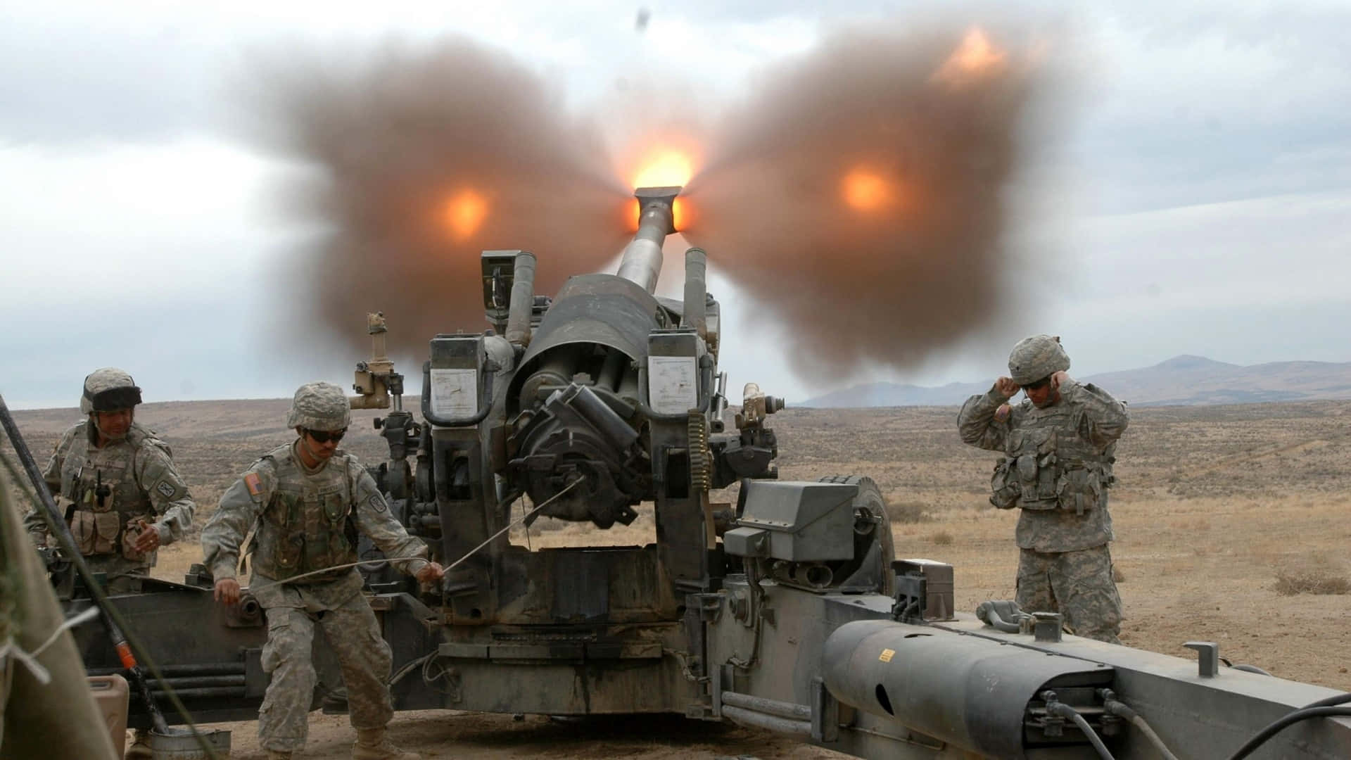 Marines, artillery piece, barren desert landscape, Full HD Desktop Wallpaper