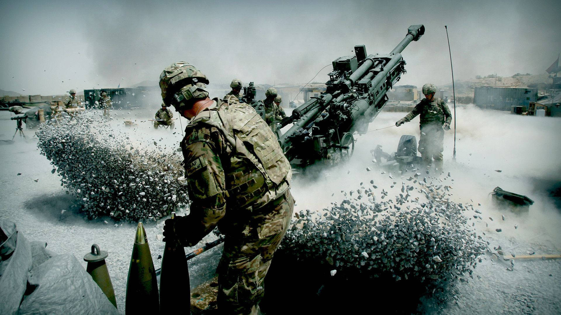 Marines, camouflage, heavy artillery piece, Full HD Desktop Wallpaper