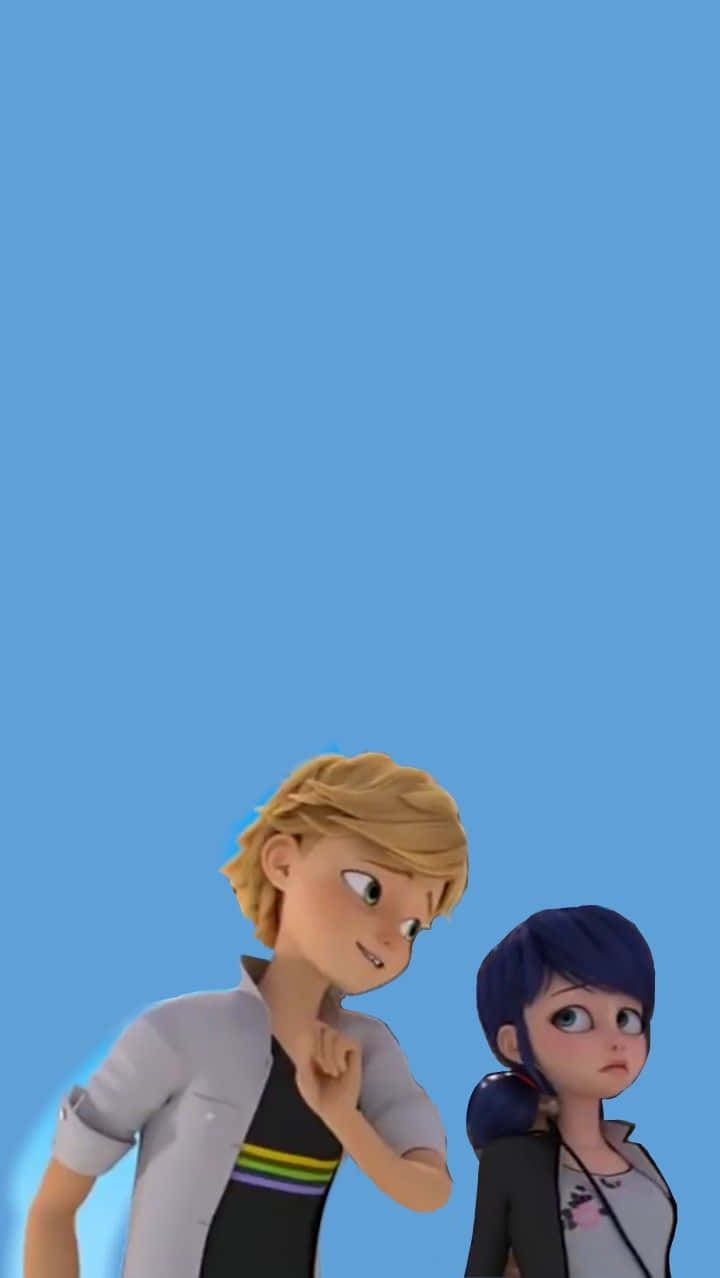 Marinette, Adrien, solid blue background, SD Phone Wallpaper