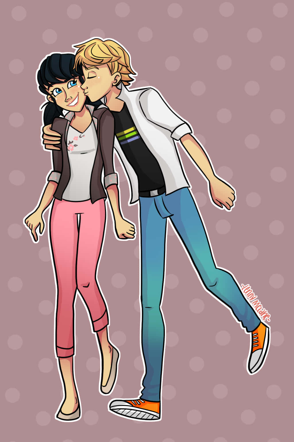 Marinette, Adrien, pink polka dot background, HD Phone Wallpaper