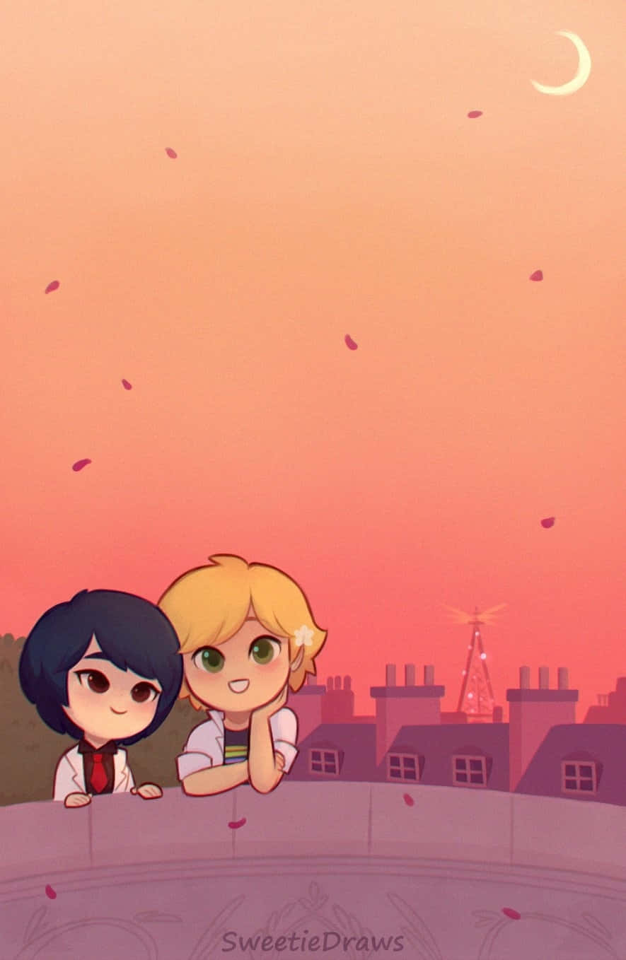 Marinette, Adrien, pink sunset sky, HD Phone Wallpaper