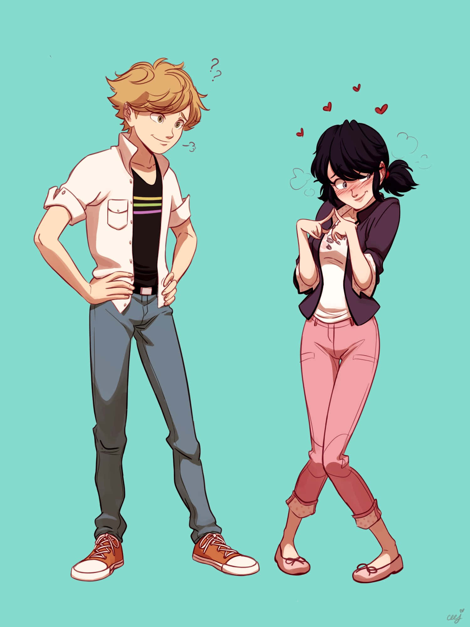 Marinette, Adrien, teal background, Full HD Phone Wallpaper