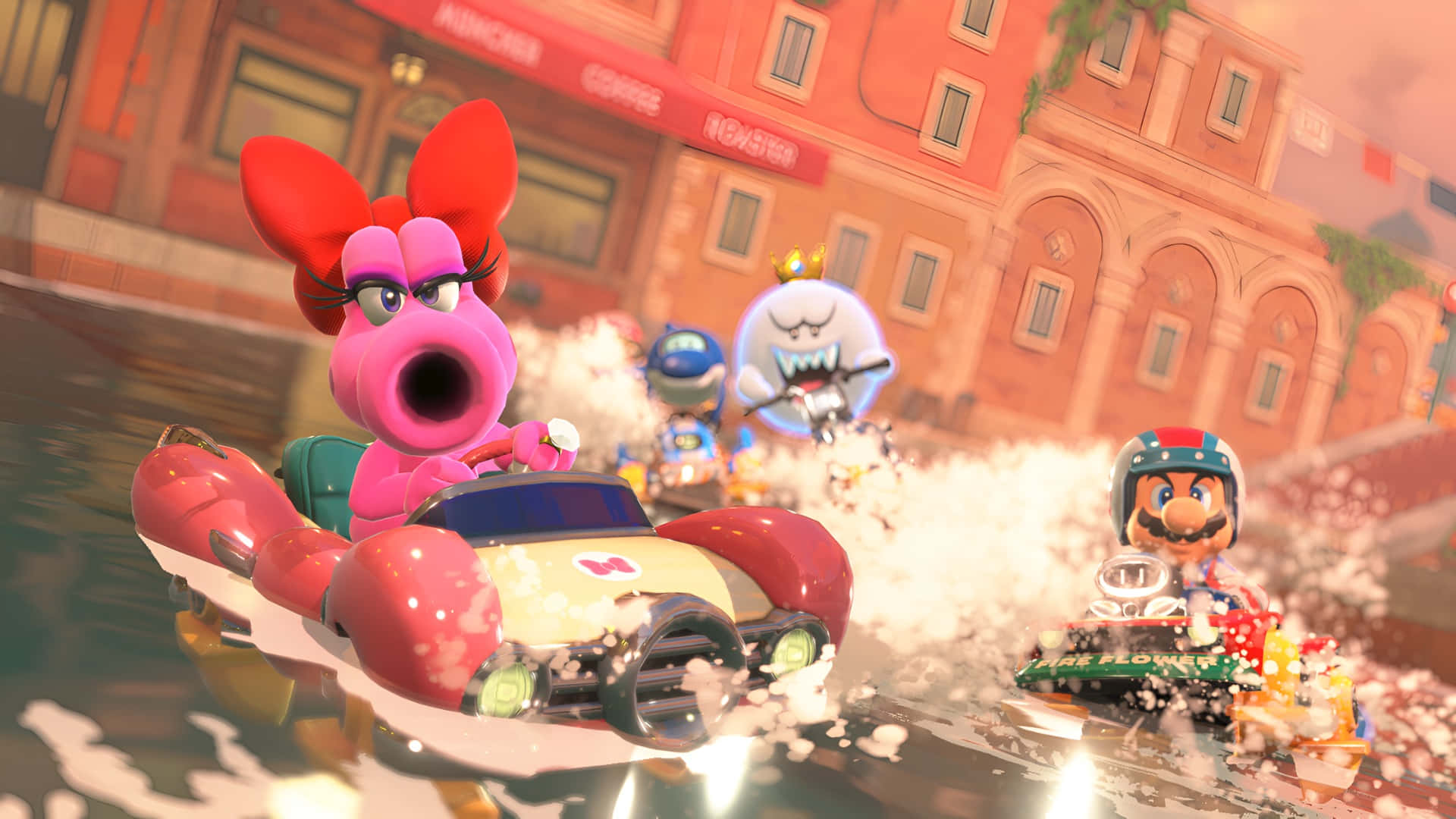 Mario Kart World, water race, pink pig, Full HD Desktop Wallpaper
