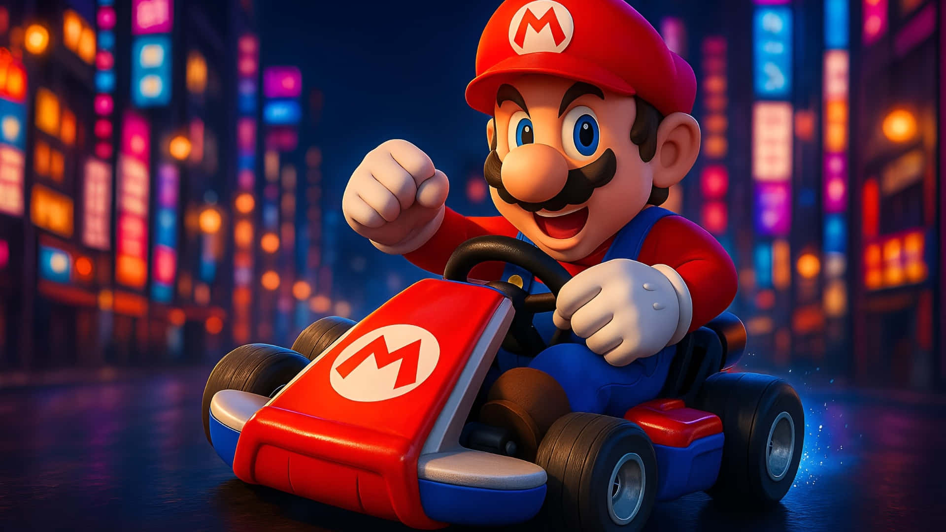 Mario, red kart, neon-lit city street, Full HD Desktop Wallpaper