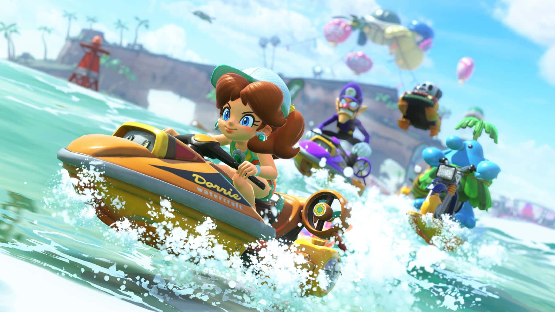 Mario Kart, water race, yellow jet ski, Full HD Desktop Wallpaper
