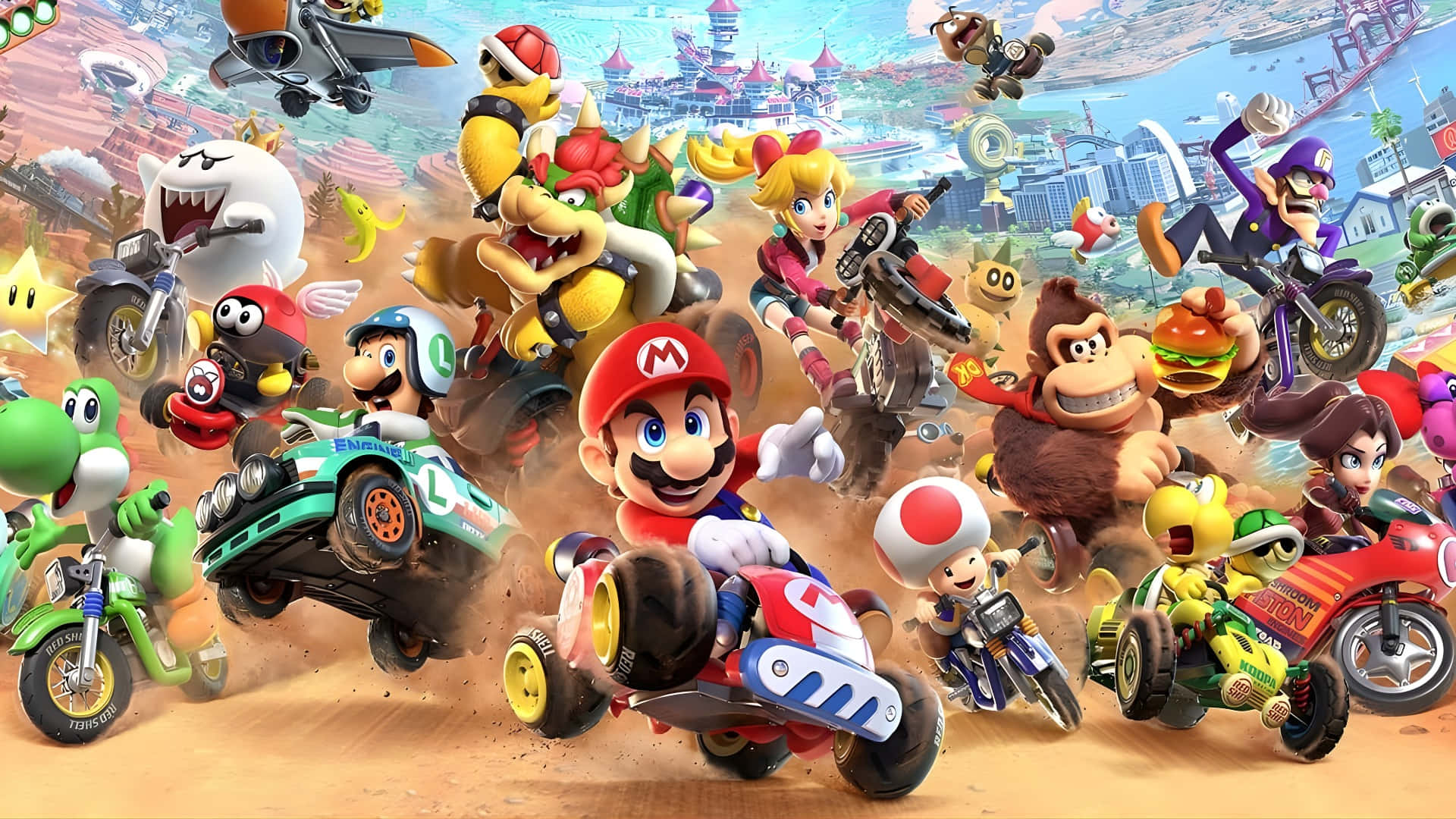 Mario Kart World, Mario, friends, Full HD Desktop Wallpaper