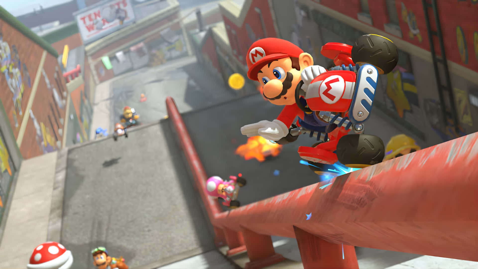 Mario, red racing gear, red pipe, Full HD Desktop Wallpaper