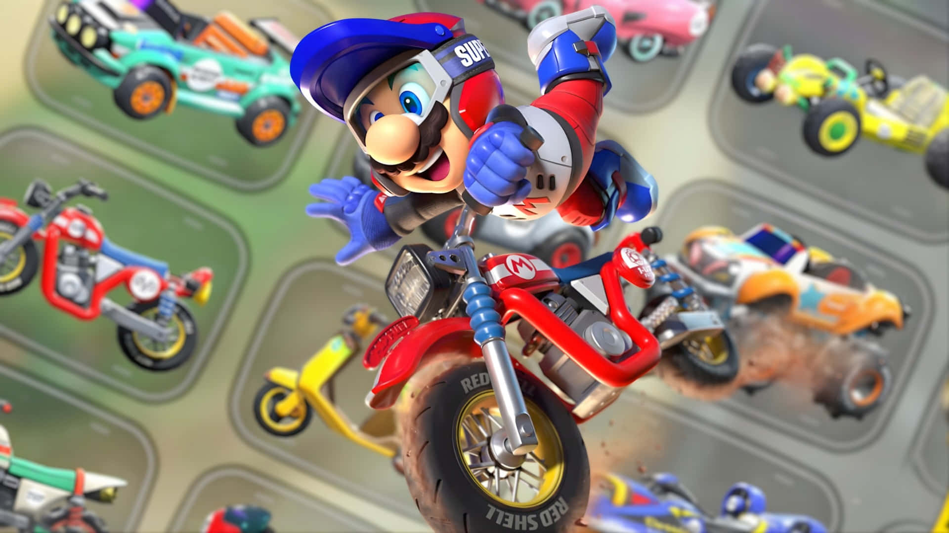Mario, red motorcycle, red blue racing gear, Full HD Desktop Wallpaper