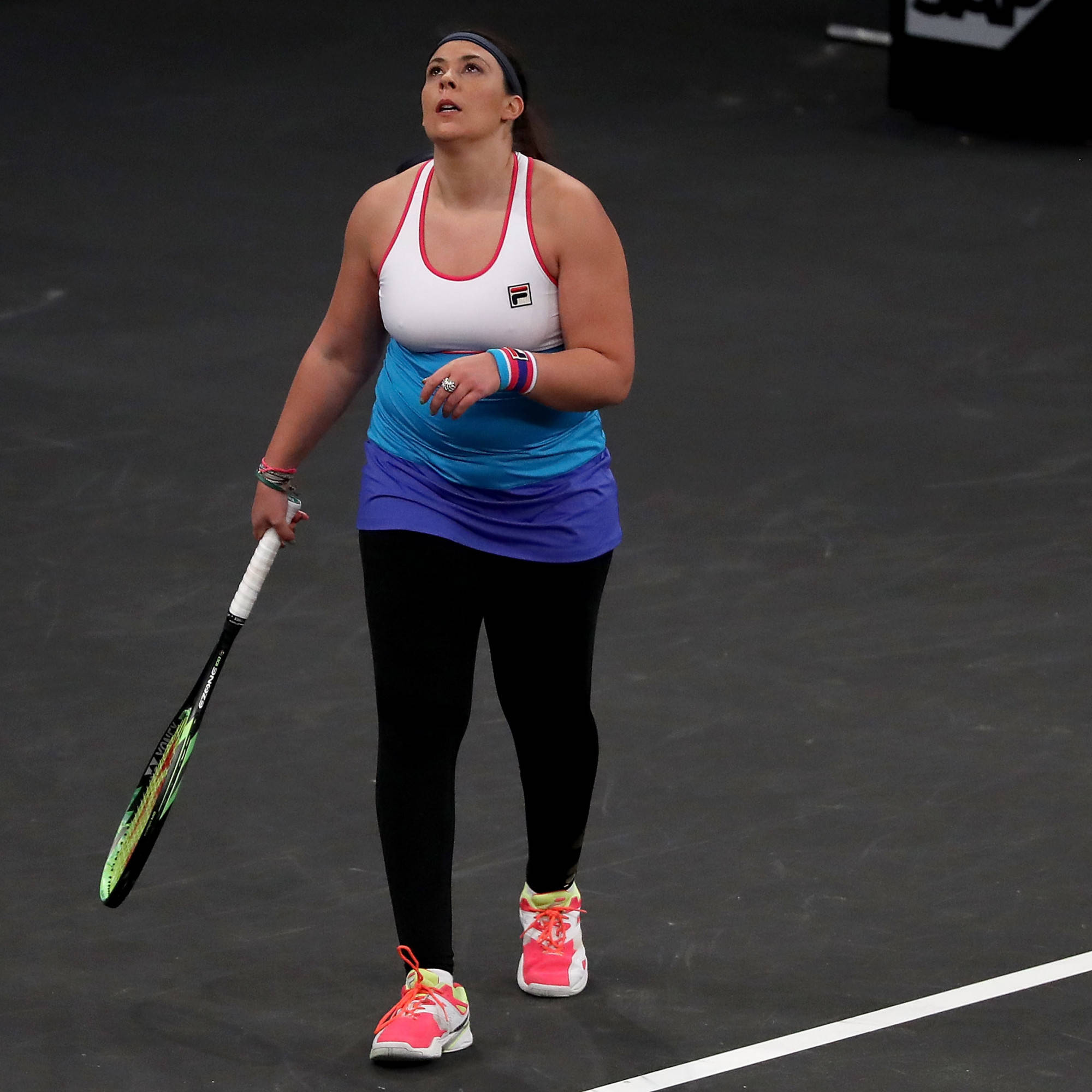 Marion Bartoli, white blue and black outfit, dark court, Full HD Desktop Wallpaper