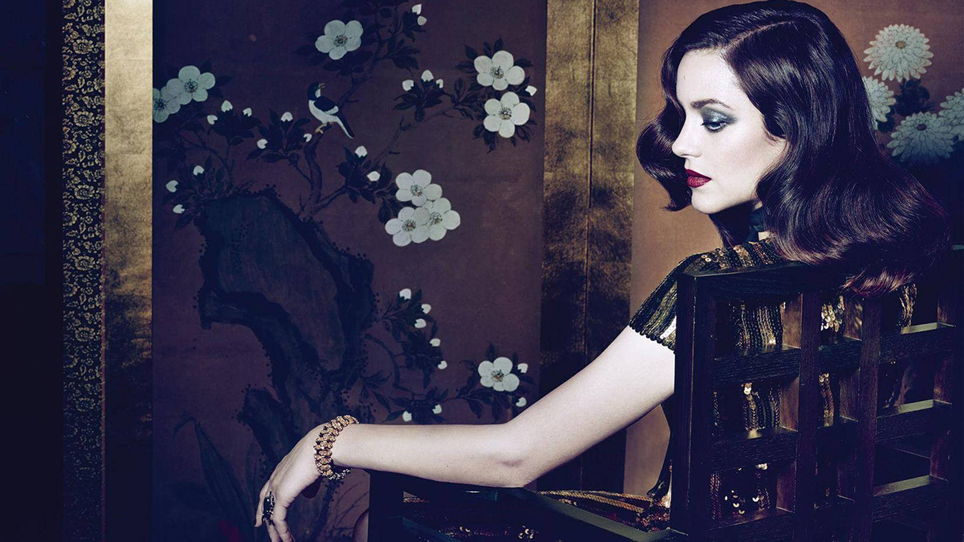 Marion Cotillard, dark hair, red lips, Full HD Desktop Wallpaper