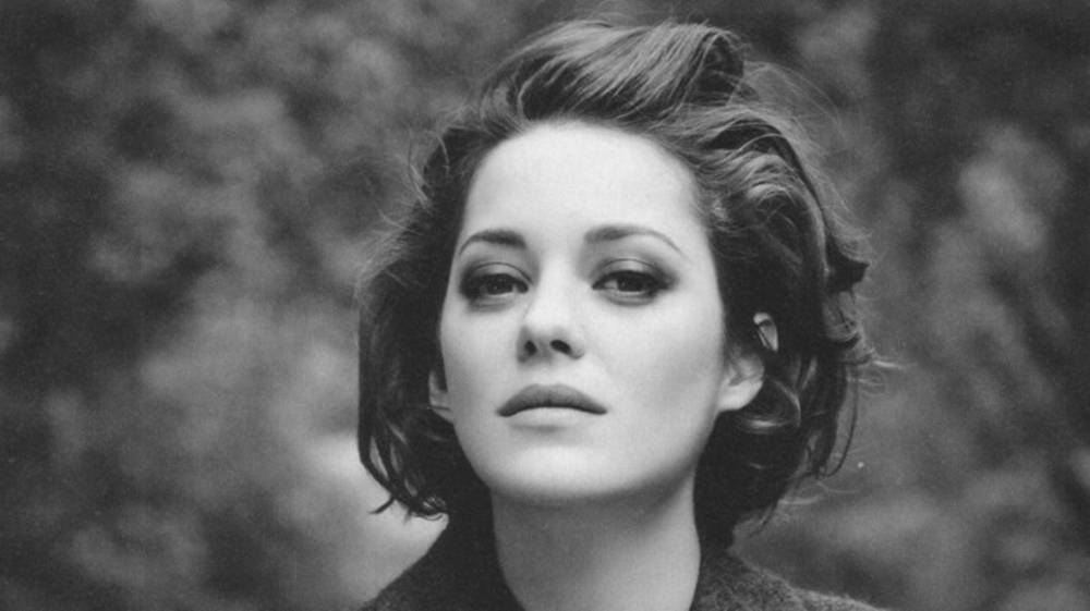 Marion Cotillard, black and white portrait, styled hair, SD Desktop Wallpaper