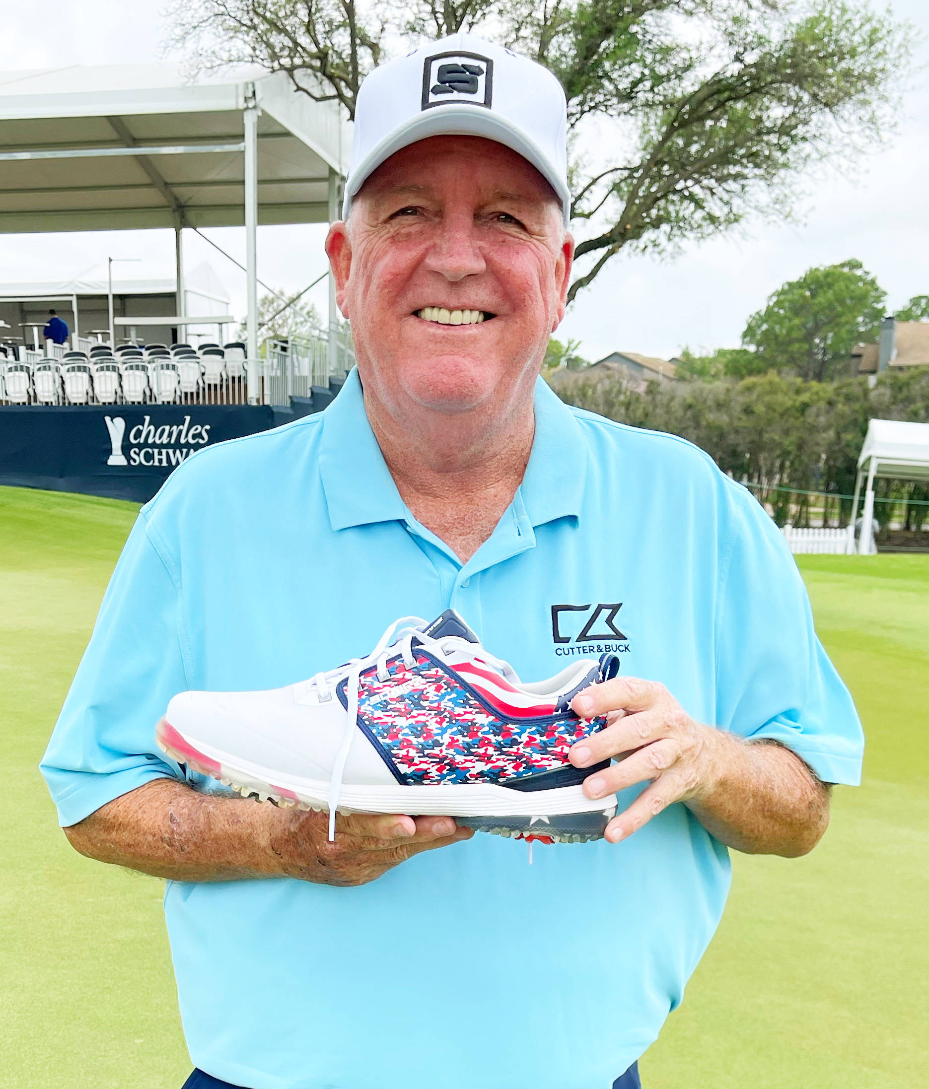 Mark Calcavecchia, light blue polo, colorful patterned golf shoe, Full HD Phone Wallpaper