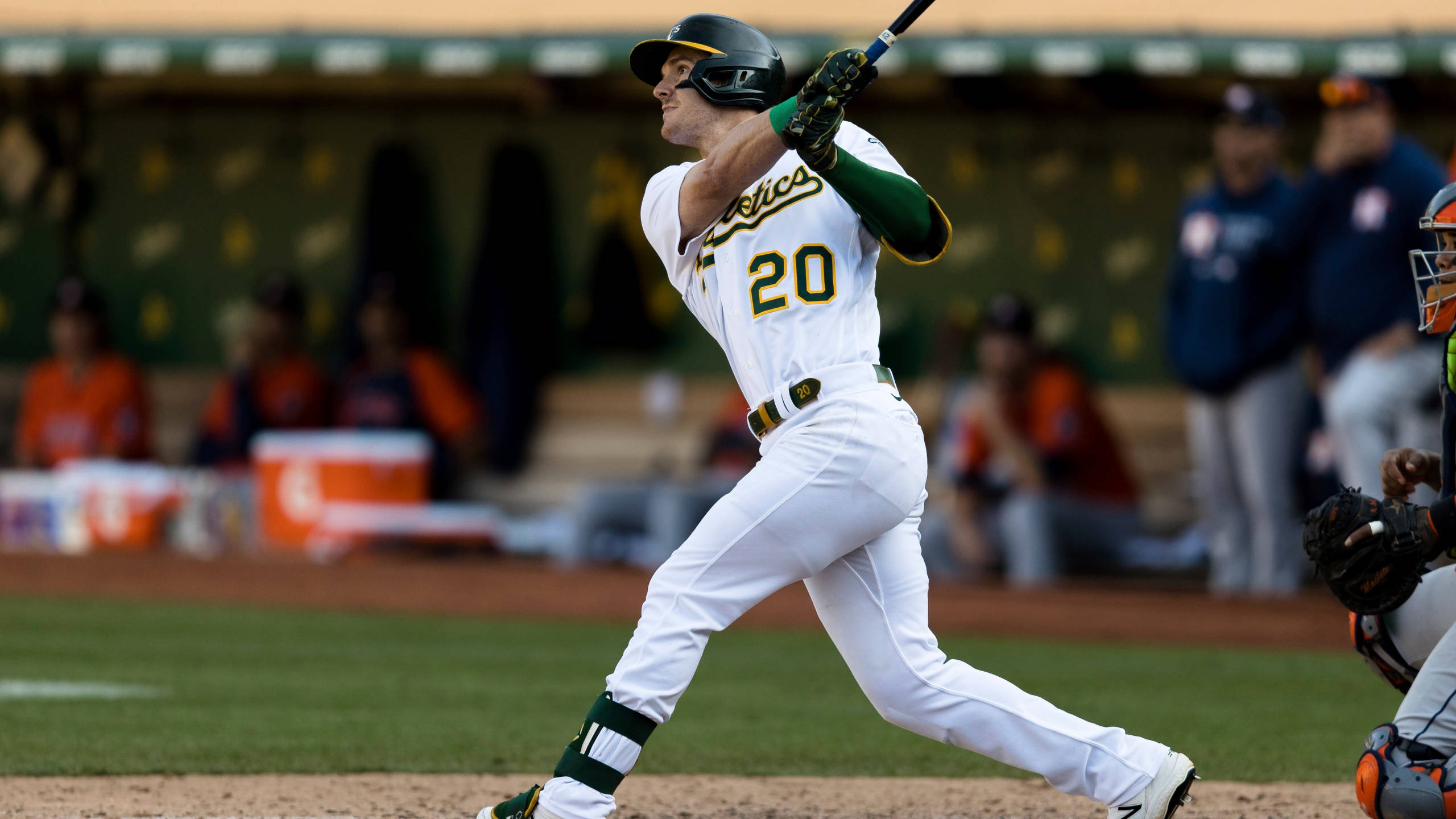 Mark Canha, white and green uniform, dirt field, 2K Desktop Wallpaper
