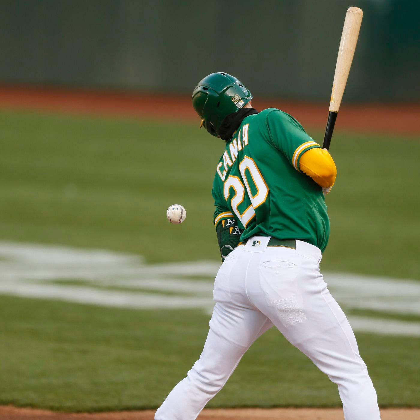 Mark Canha, green and gold uniform, bat, HD Desktop Wallpaper