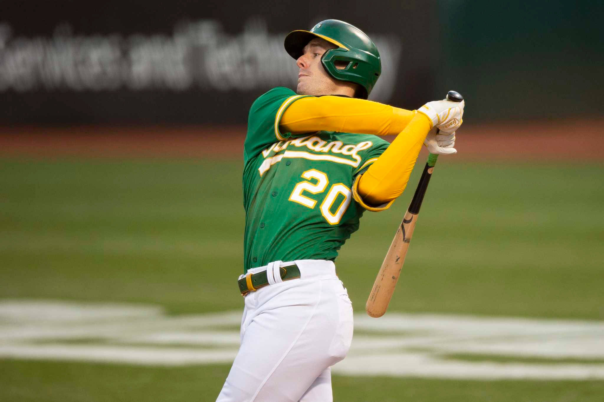 Mark Canha, green and gold uniform, bat, Full HD Desktop Wallpaper