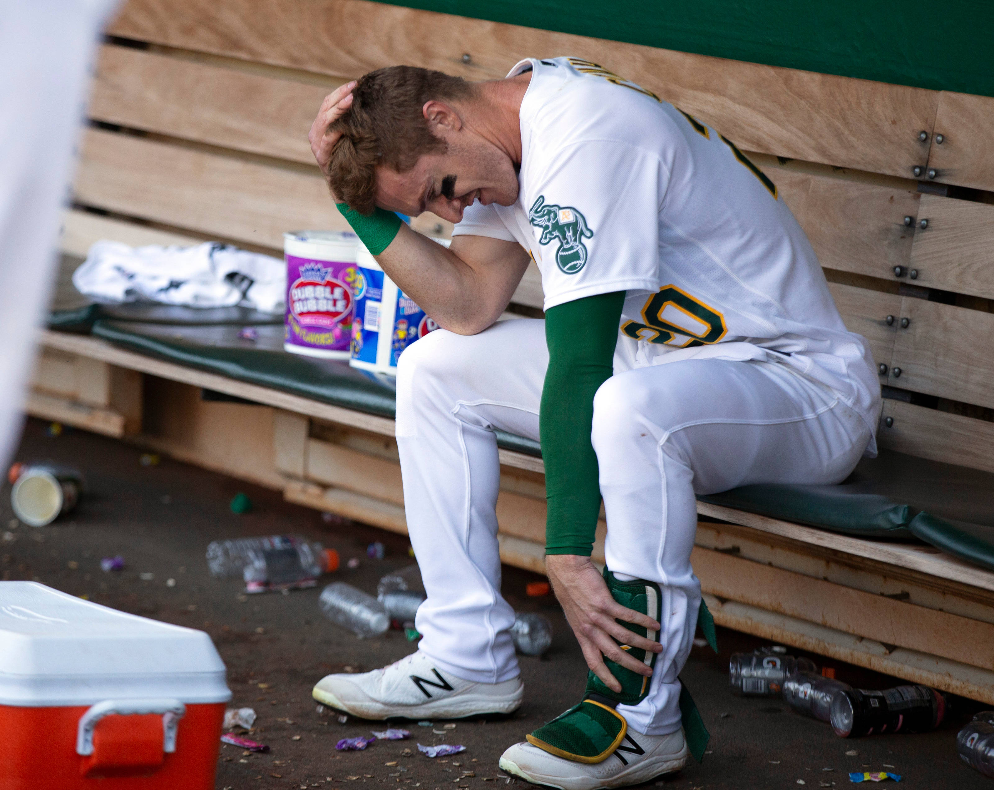 Mark Canha, white and green uniform, wooden bench, 2K Desktop Wallpaper