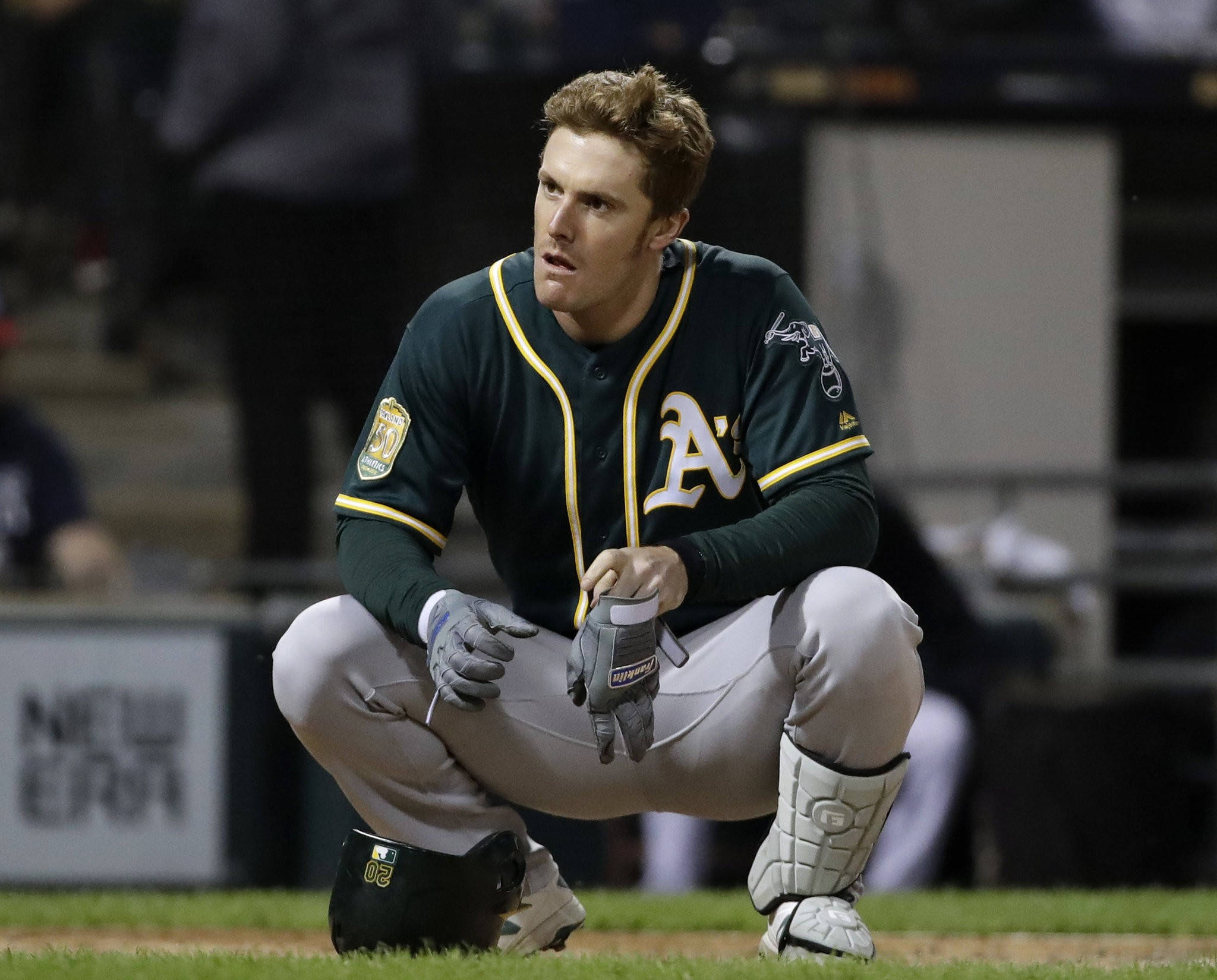 Mark Canha, green and gold uniform, stadium lights, Full HD Desktop Wallpaper
