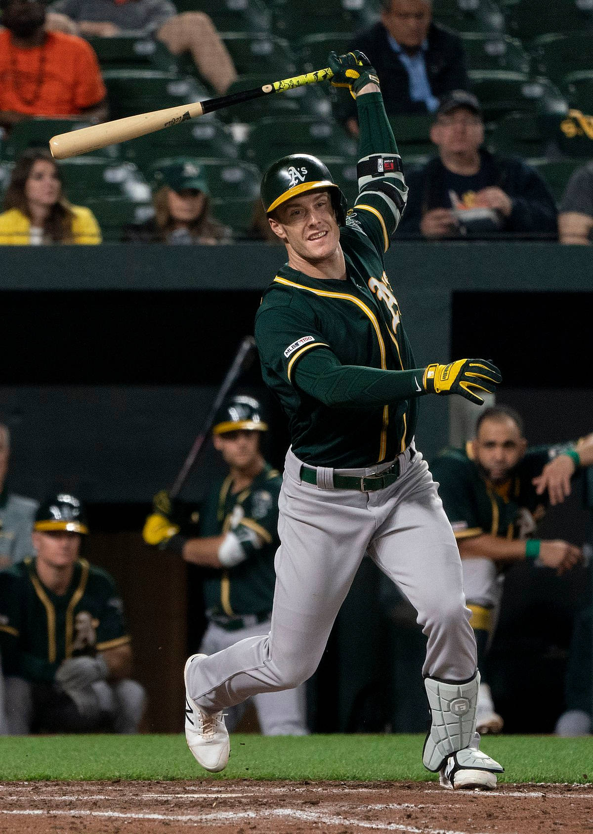 Mark Canha, green and gold uniform, stadium lights, HD Phone Wallpaper