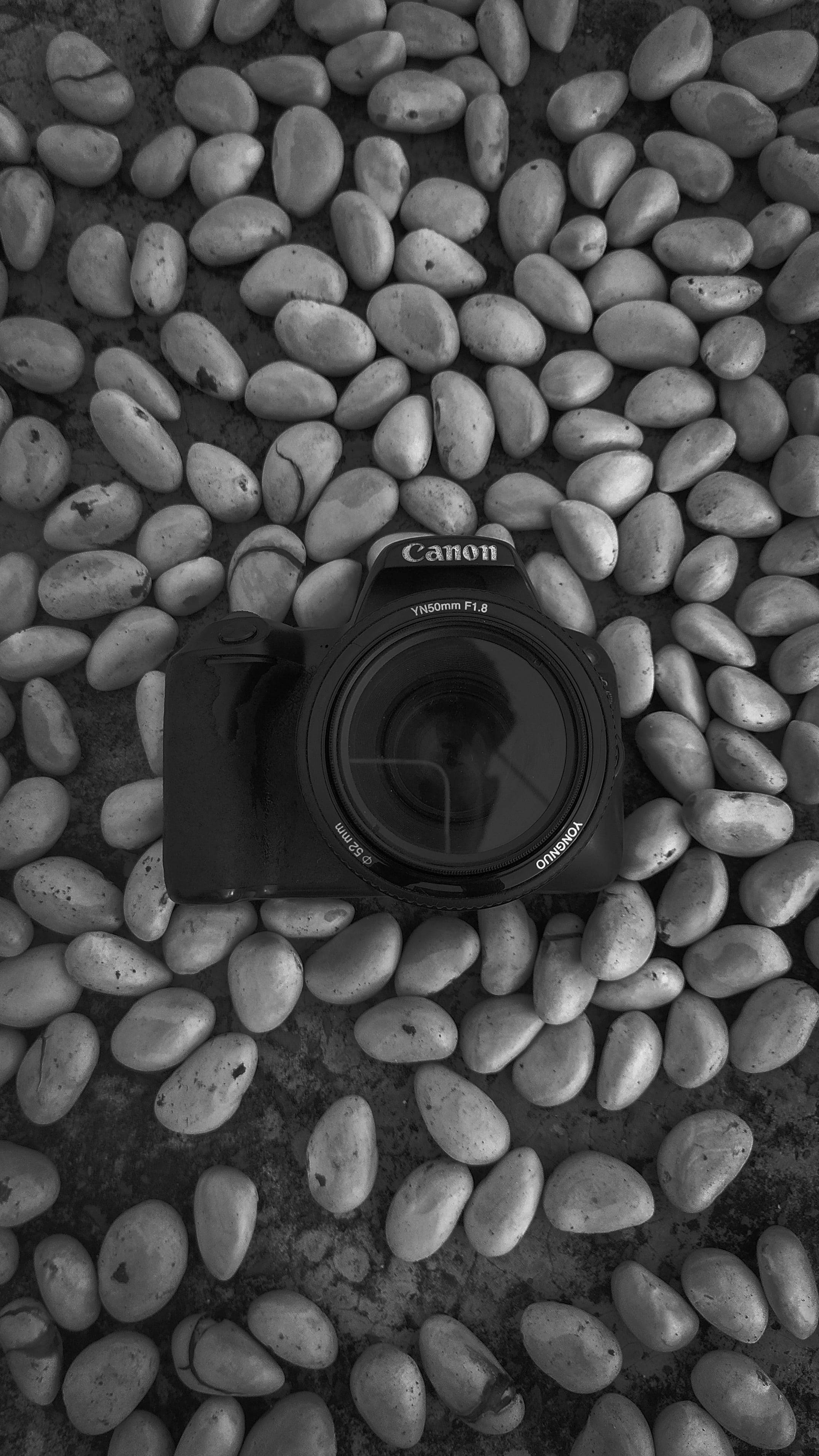 Canon DSLR camera, stones, black, 2K Phone Wallpaper