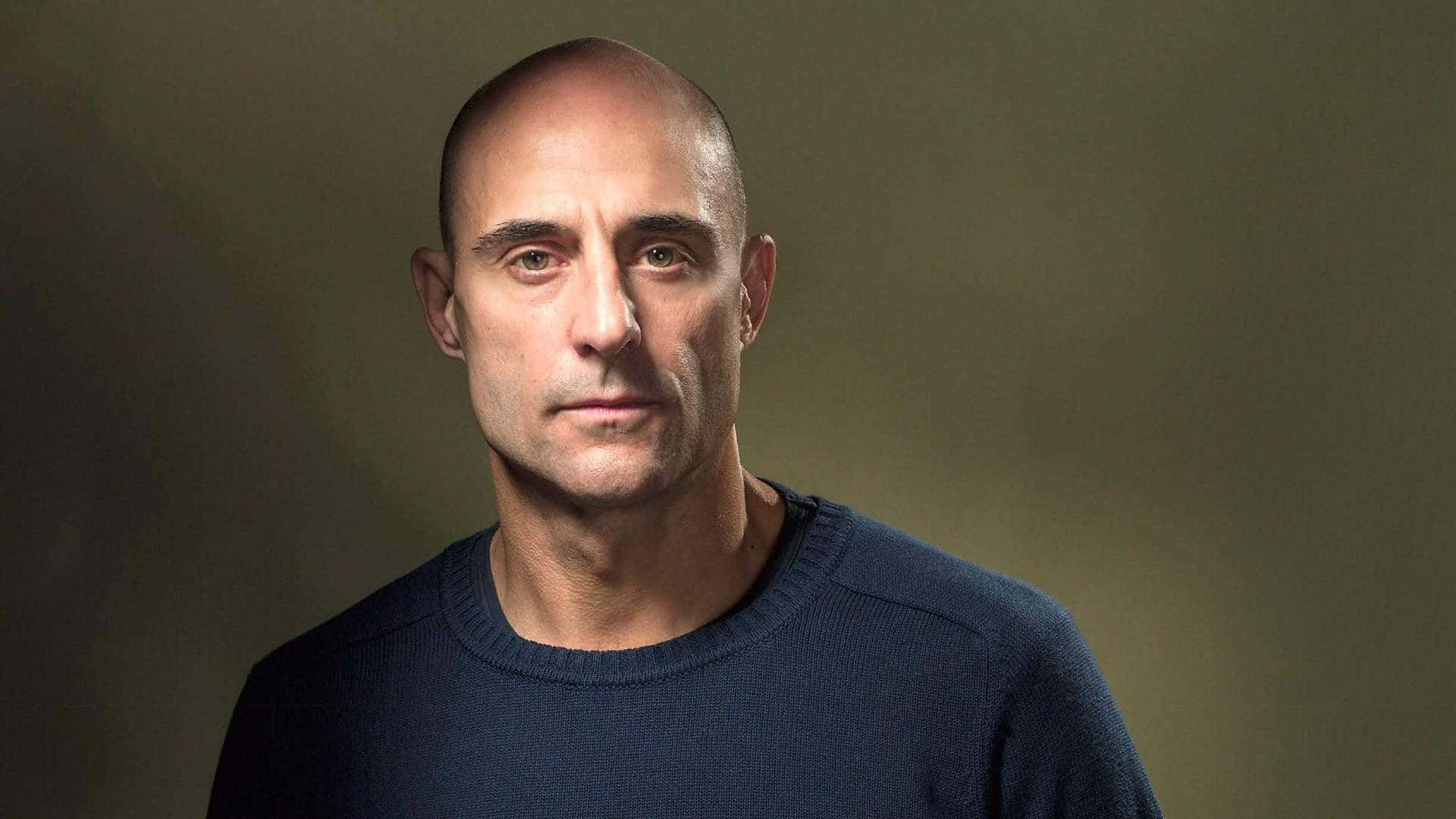 Mark Strong, dark blue sweater, muted olive background, Full HD Desktop Wallpaper