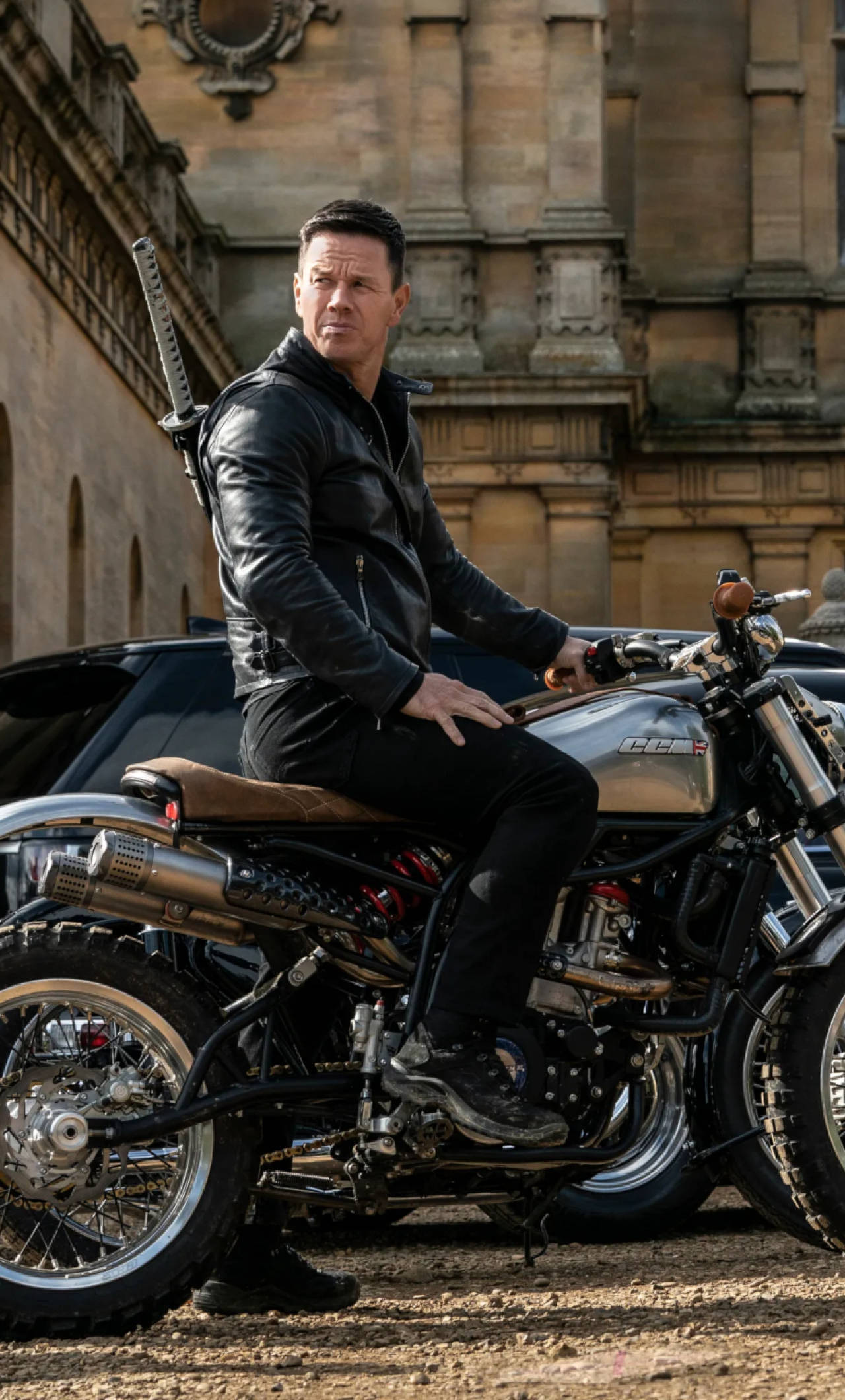 Mark Wahlberg, chrome motorcycle, katana, Full HD Phone Wallpaper