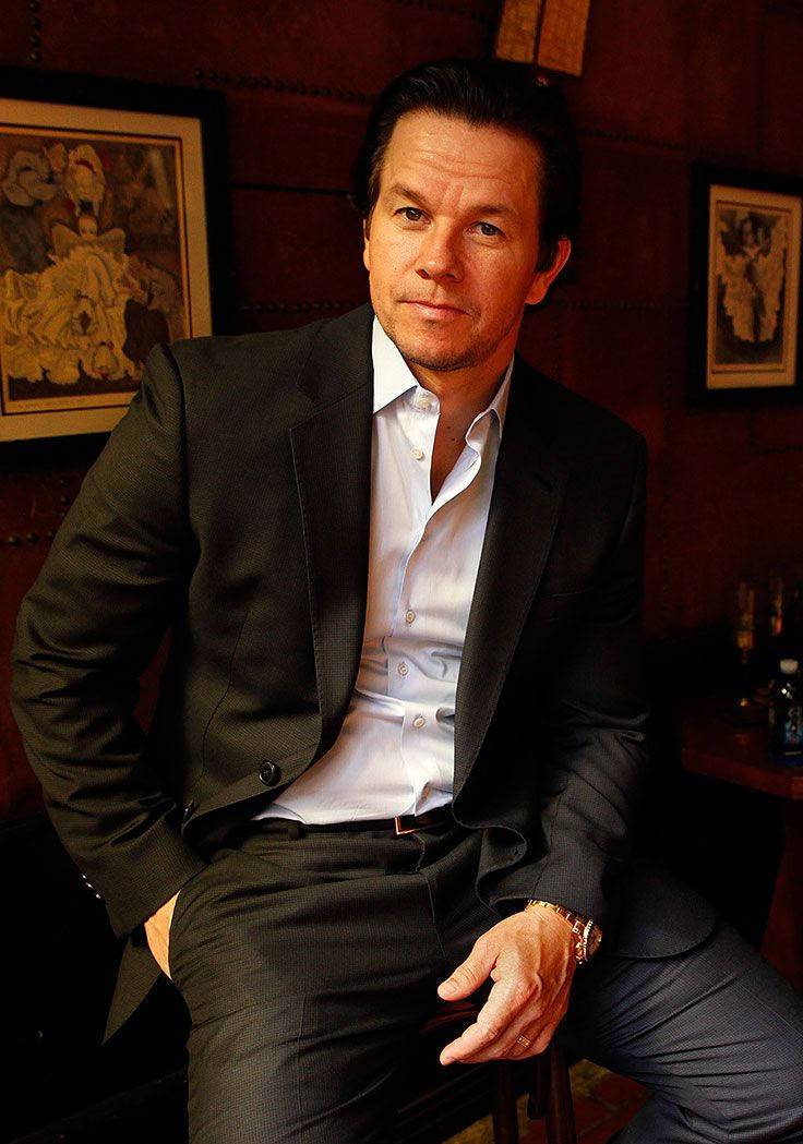 Mark Wahlberg, dark suit, rich wooden wall, SD Phone Wallpaper