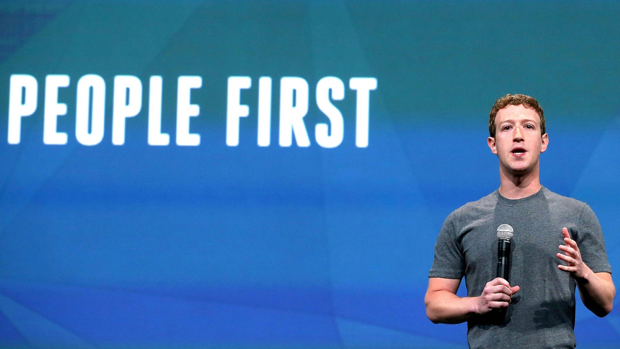 Mark Zuckerberg, gray t-shirt, microphone, Full HD Desktop Wallpaper
