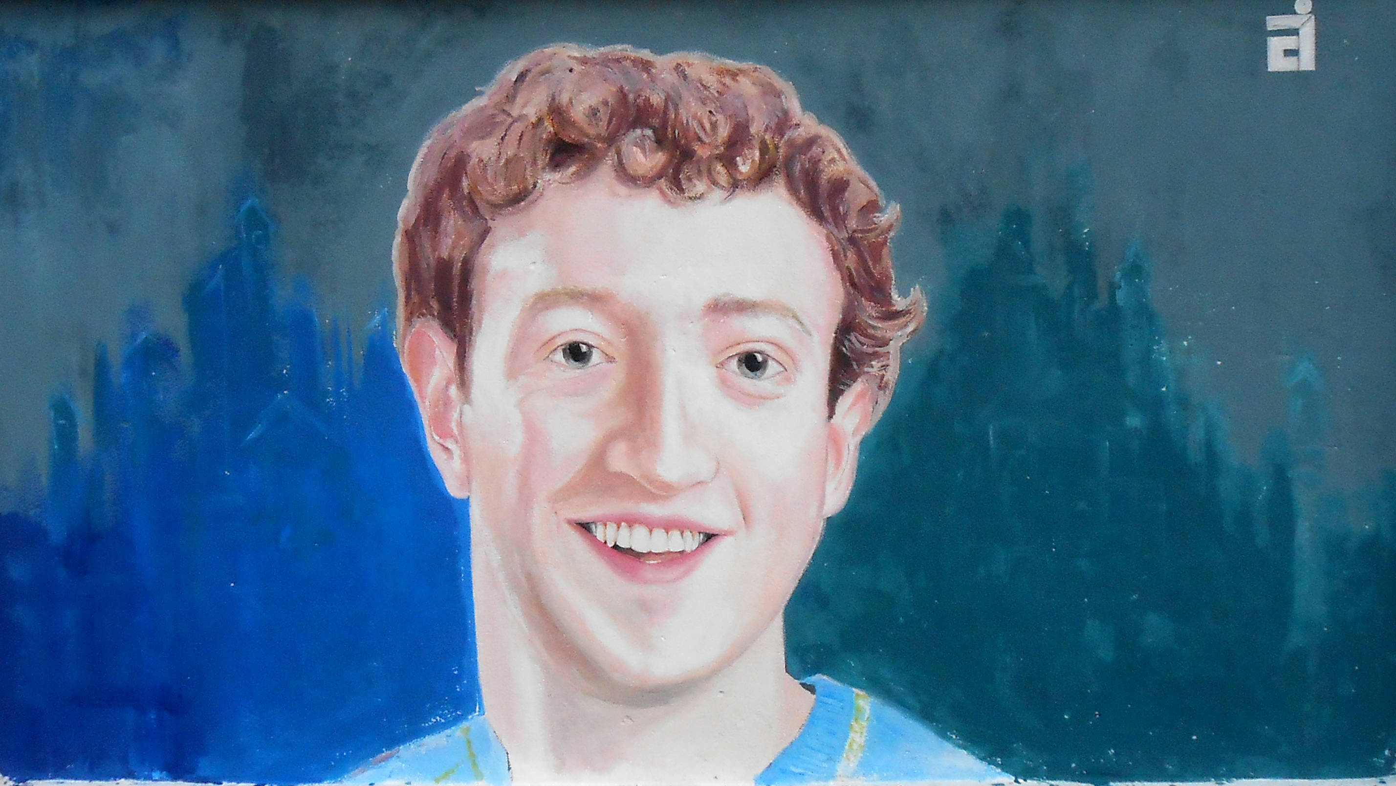 Mark zuckerberg, curly brown hair, blue abstract background, 2K Desktop Wallpaper
