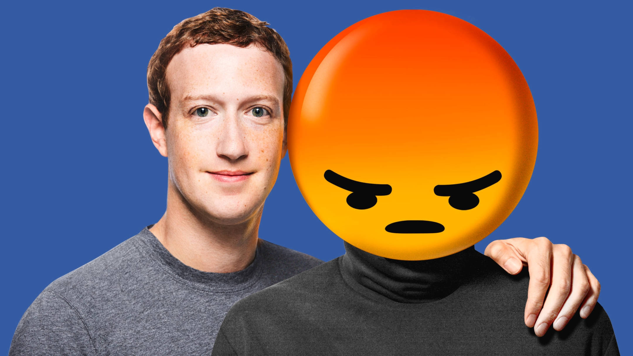 Mark Zuckerberg, angry orange emoji, solid blue background, Full HD Desktop Wallpaper
