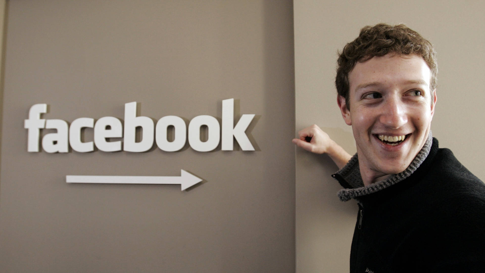 Mark Zuckerberg, beige wall, white 3D Facebook logo, Full HD Desktop Wallpaper
