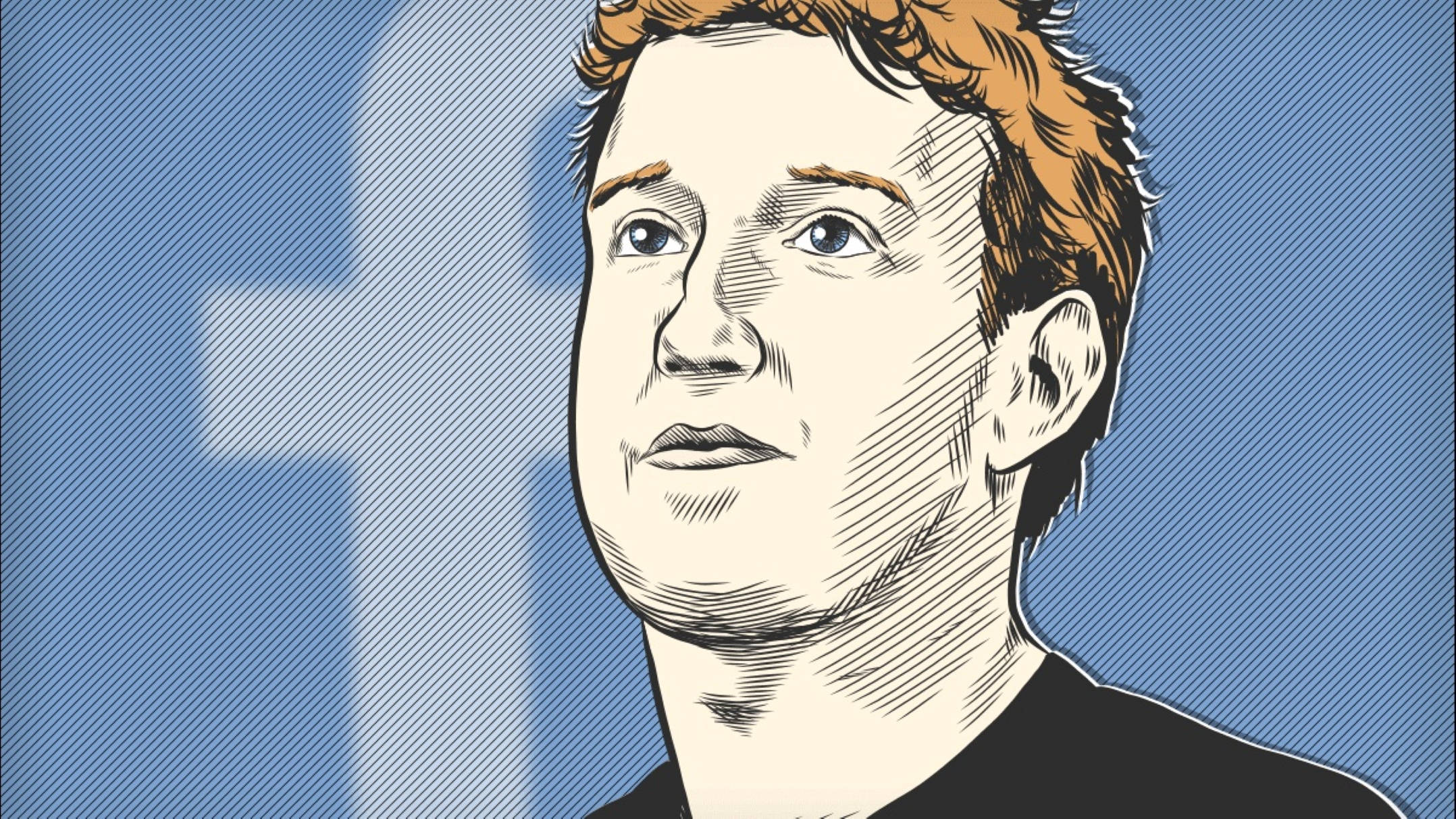 Mark Zuckerberg, blue Facebook logo background, hatching lines, Full HD Desktop Wallpaper