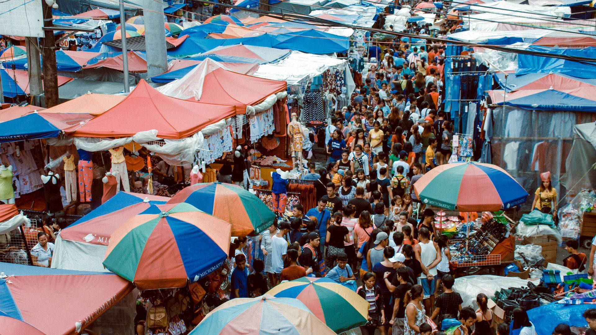 colorful umbrellas, bustling outdoor market, crowded stalls, Full HD Desktop Wallpaper