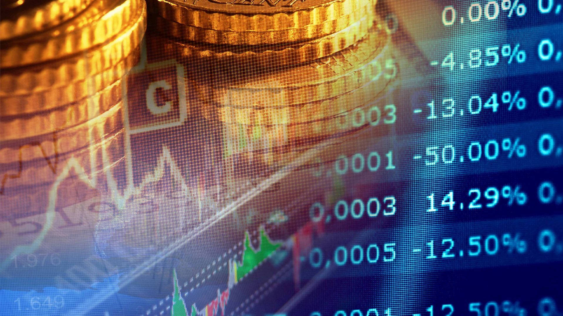 golden coins, financial stock market data, fluctuating percentages, Full HD Desktop Wallpaper