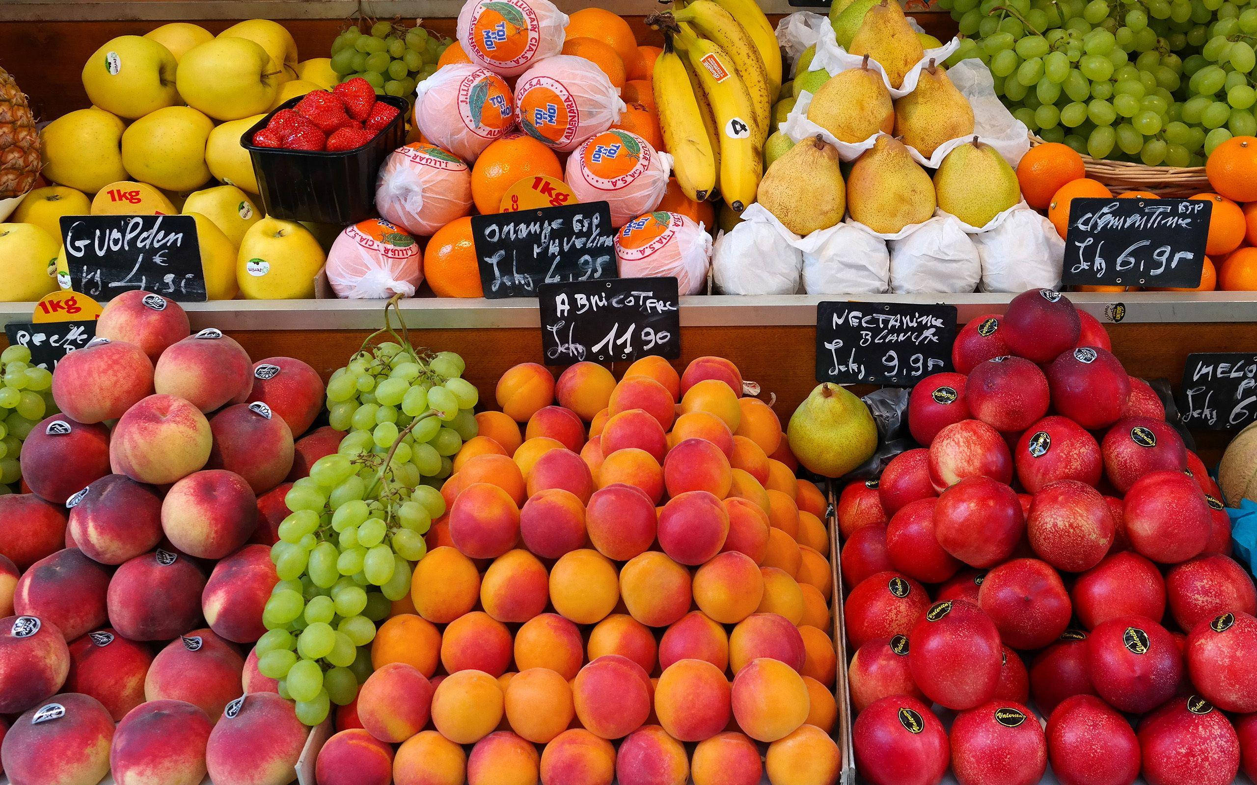 market, colorful fruits, apples, 2K Desktop Wallpaper