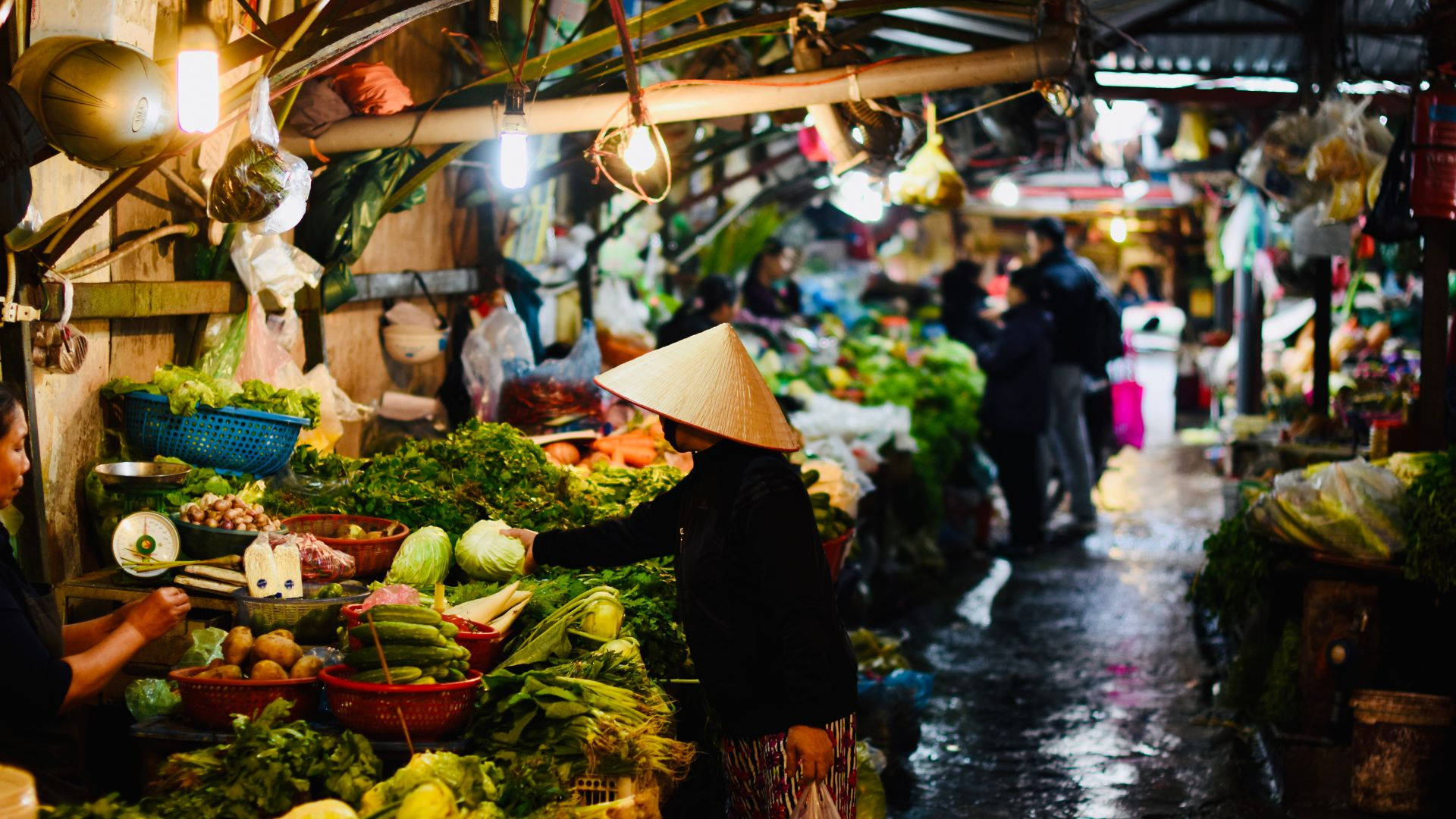 public market, night market, conical hat, Full HD Desktop Wallpaper