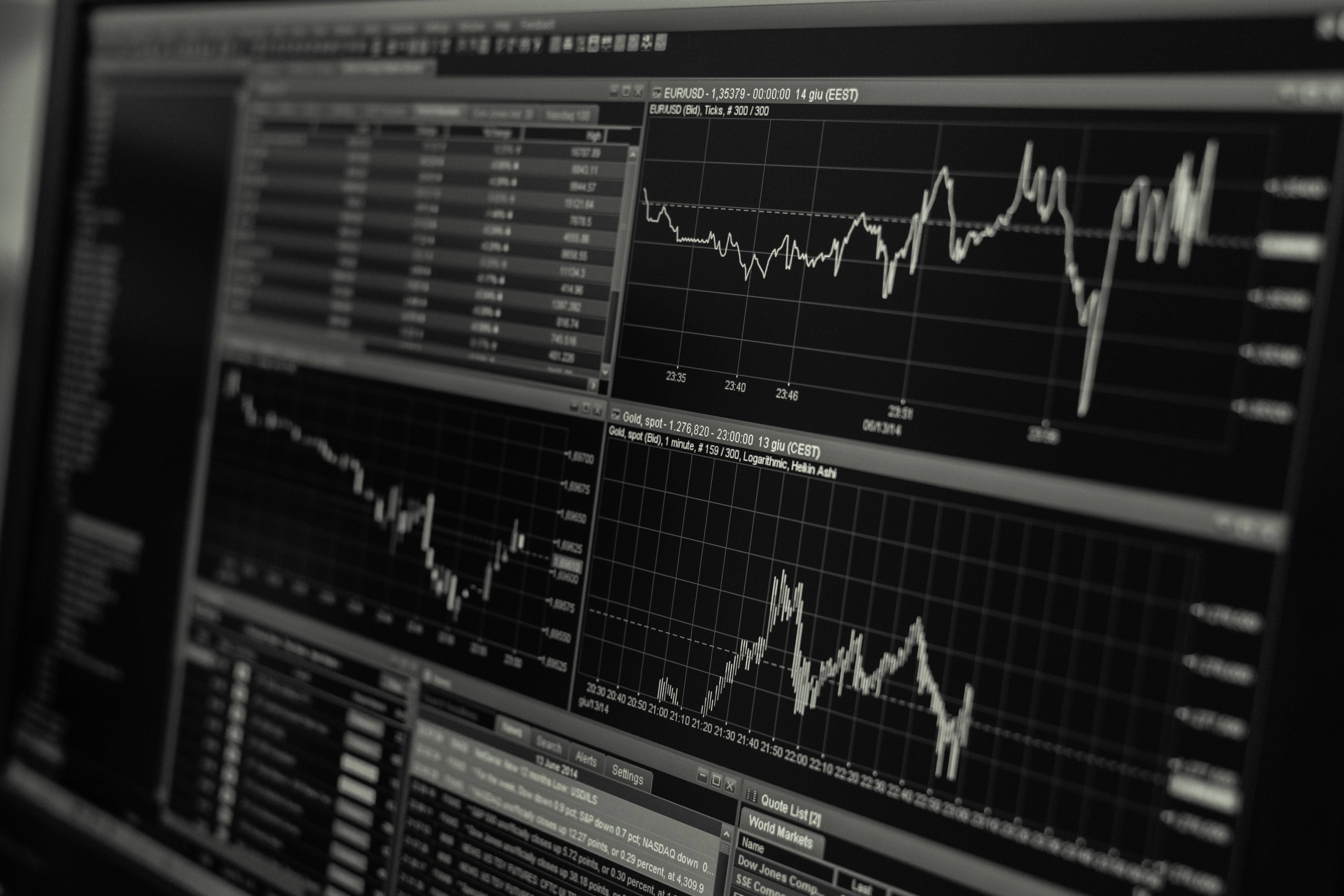 stock market, greyscale line chart, computer monitor, 5K Desktop Wallpaper