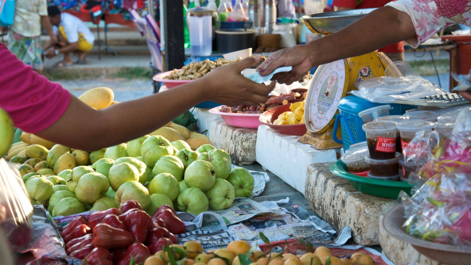 Public Market Goods, outdoor market stall, colorful fruits, Full HD Desktop Wallpaper