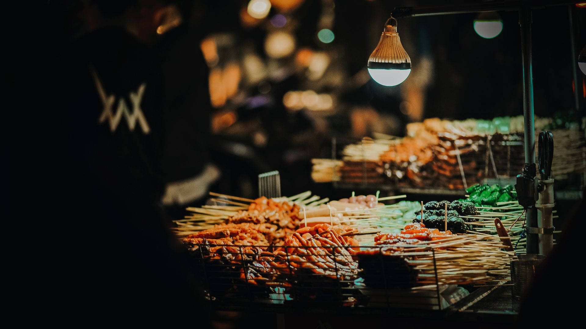 street food cart, grilled meat skewers, hanging bulb, Full HD Desktop Wallpaper