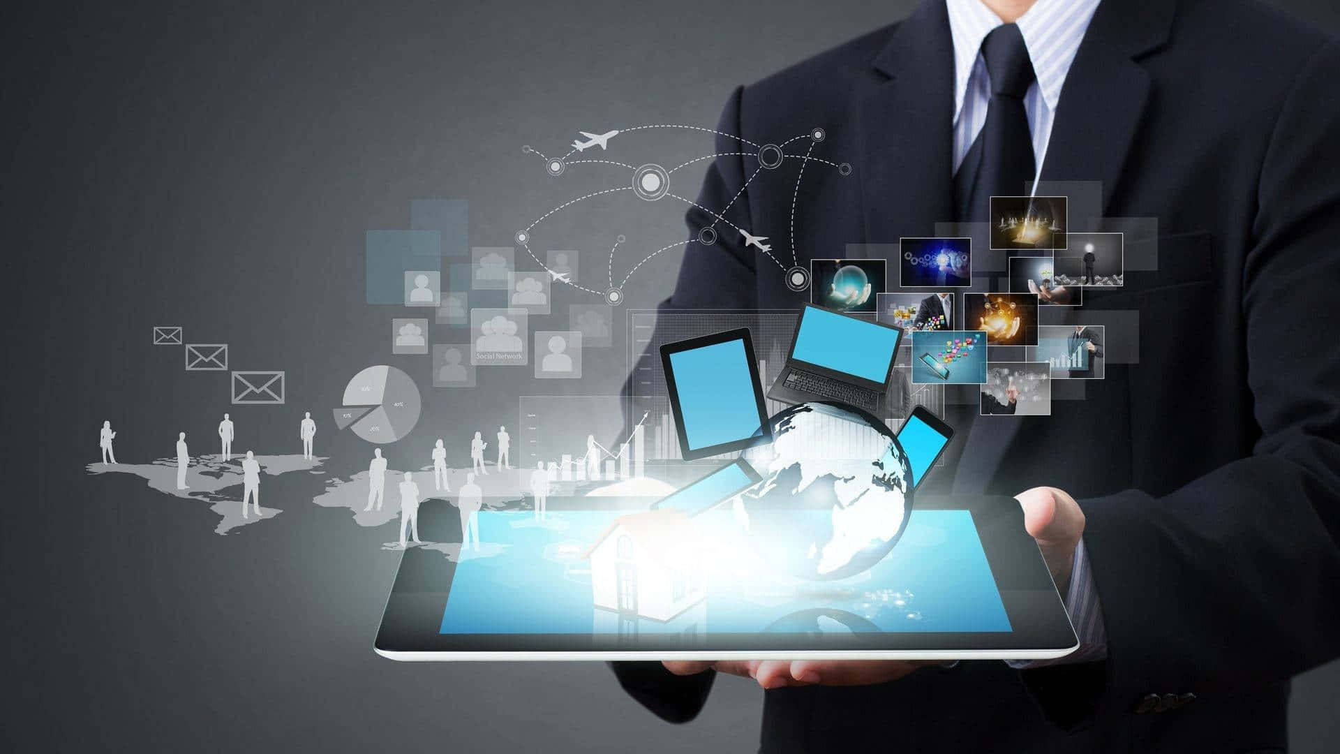 businessman, suit, glowing tablet, Full HD Desktop Wallpaper