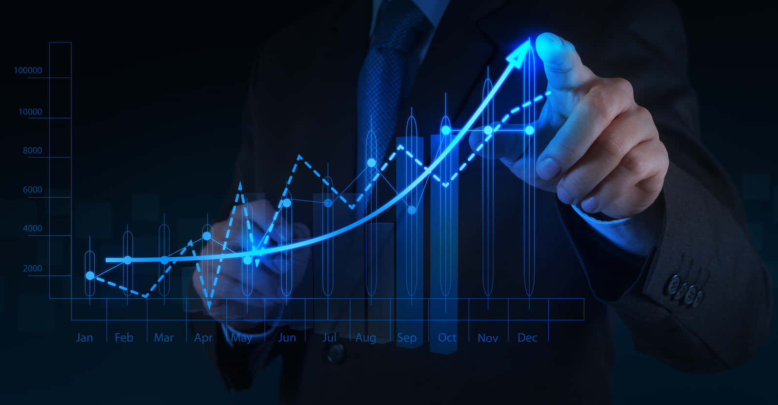 marketing statistics, glowing blue financial chart, upward trends, HD Desktop Wallpaper