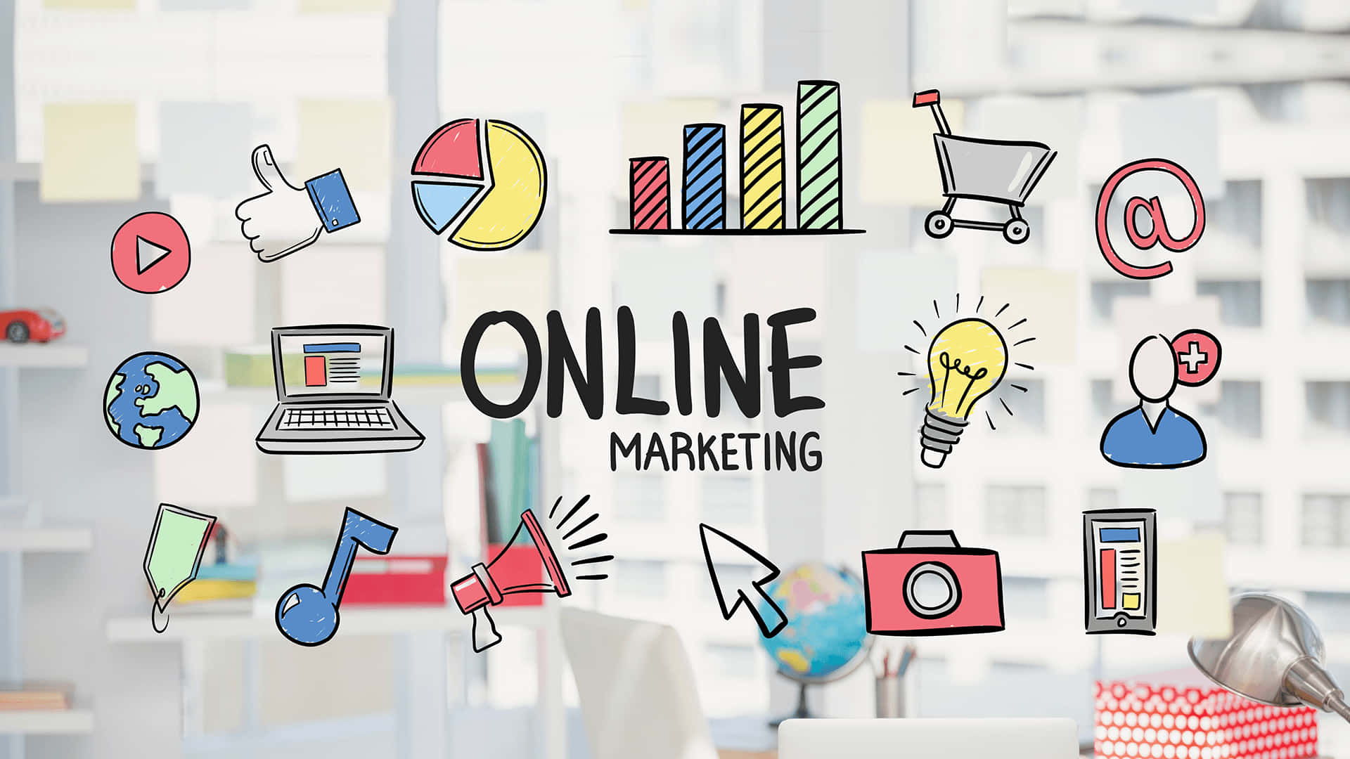 online marketing, colorful hand-drawn icons, bold text, Full HD Desktop Wallpaper