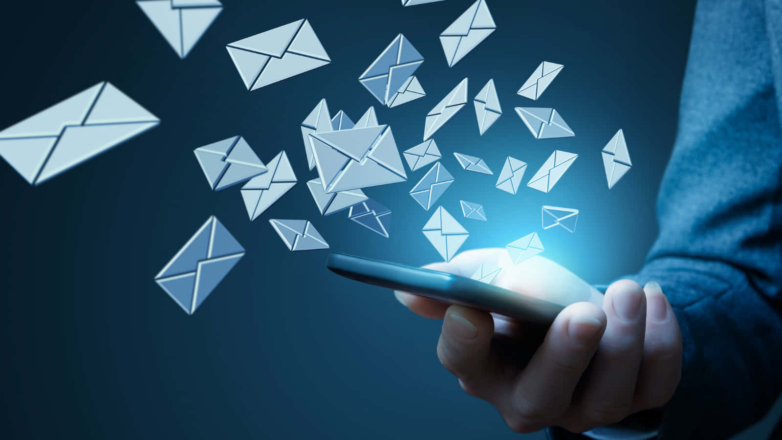 glowing smartphone, floating white paper envelopes, dark blue background, HD Desktop Wallpaper