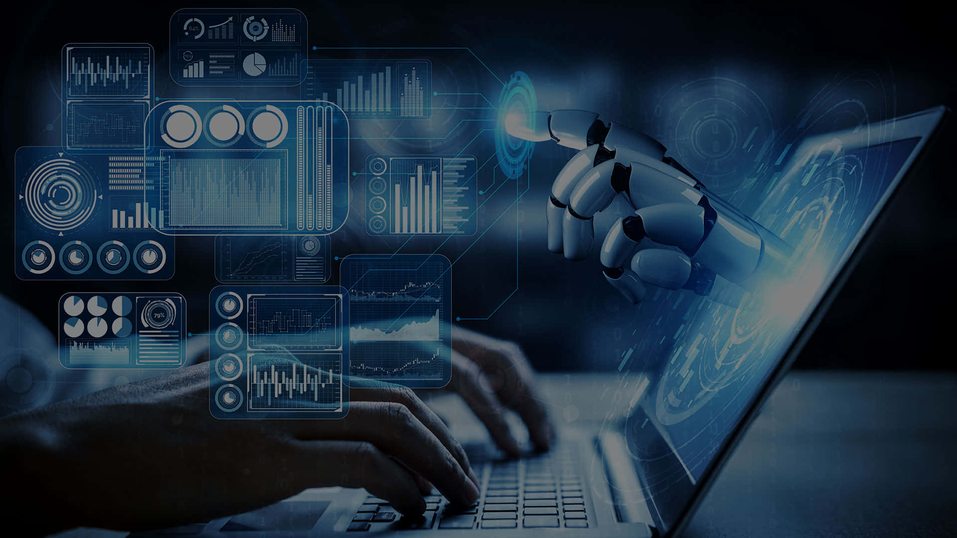 Marketing Technology, dark blue, robotic hand, Full HD Desktop Wallpaper