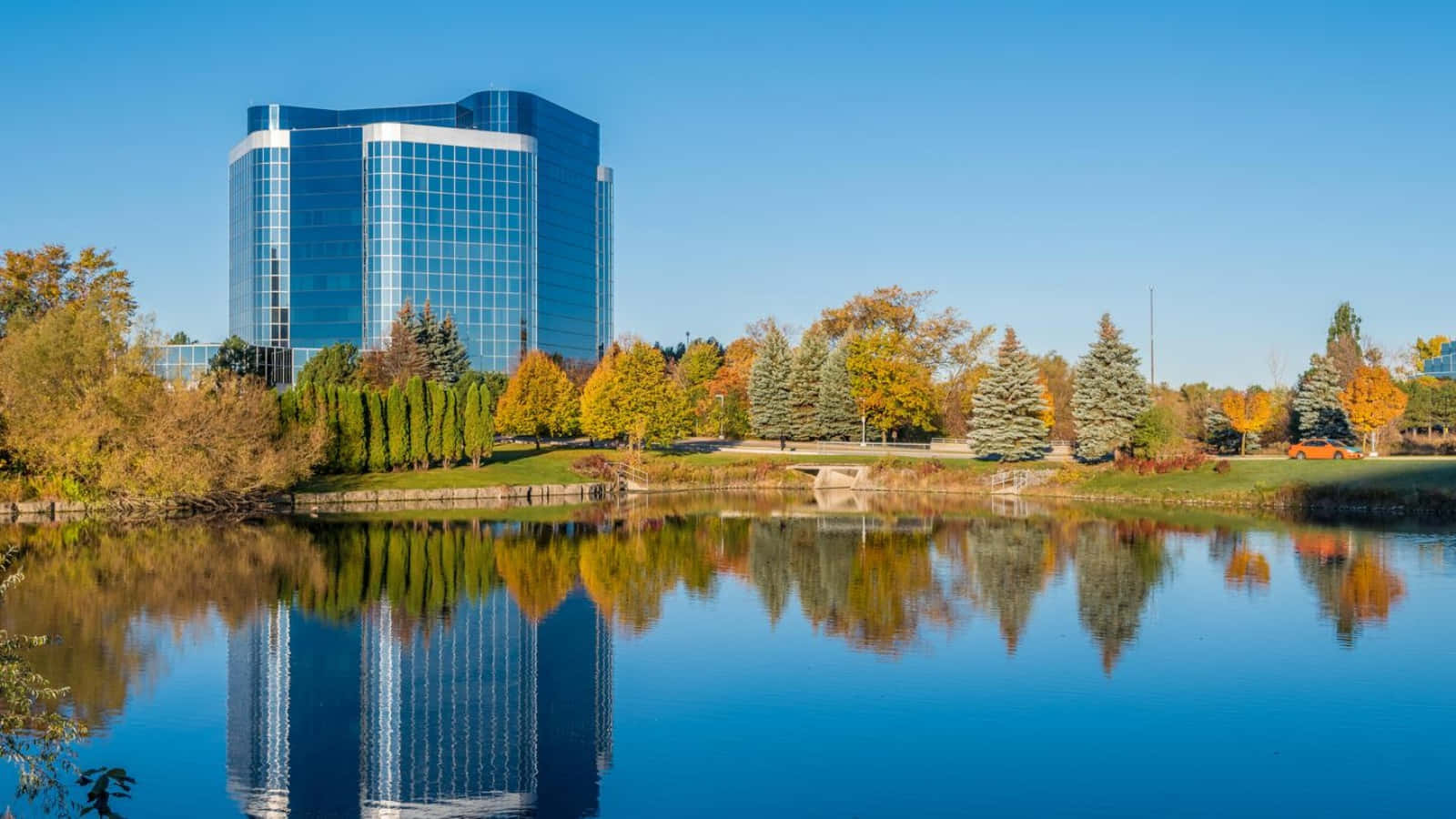 Markham, modern glass skyscraper, calm lake, HD Desktop Wallpaper