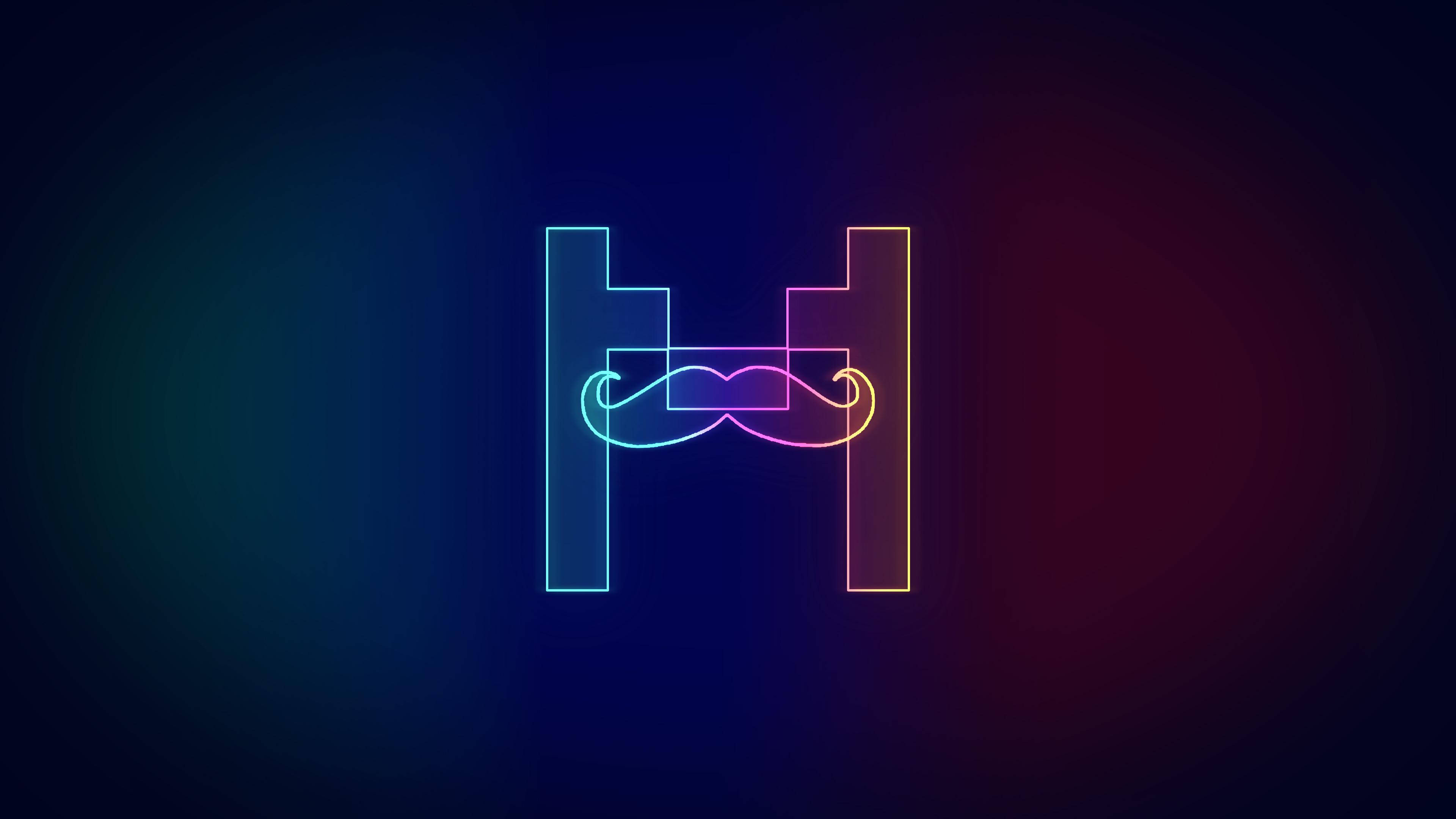 Markiplier, glowing neon mustache icon, gradient hues, 4K Desktop Wallpaper