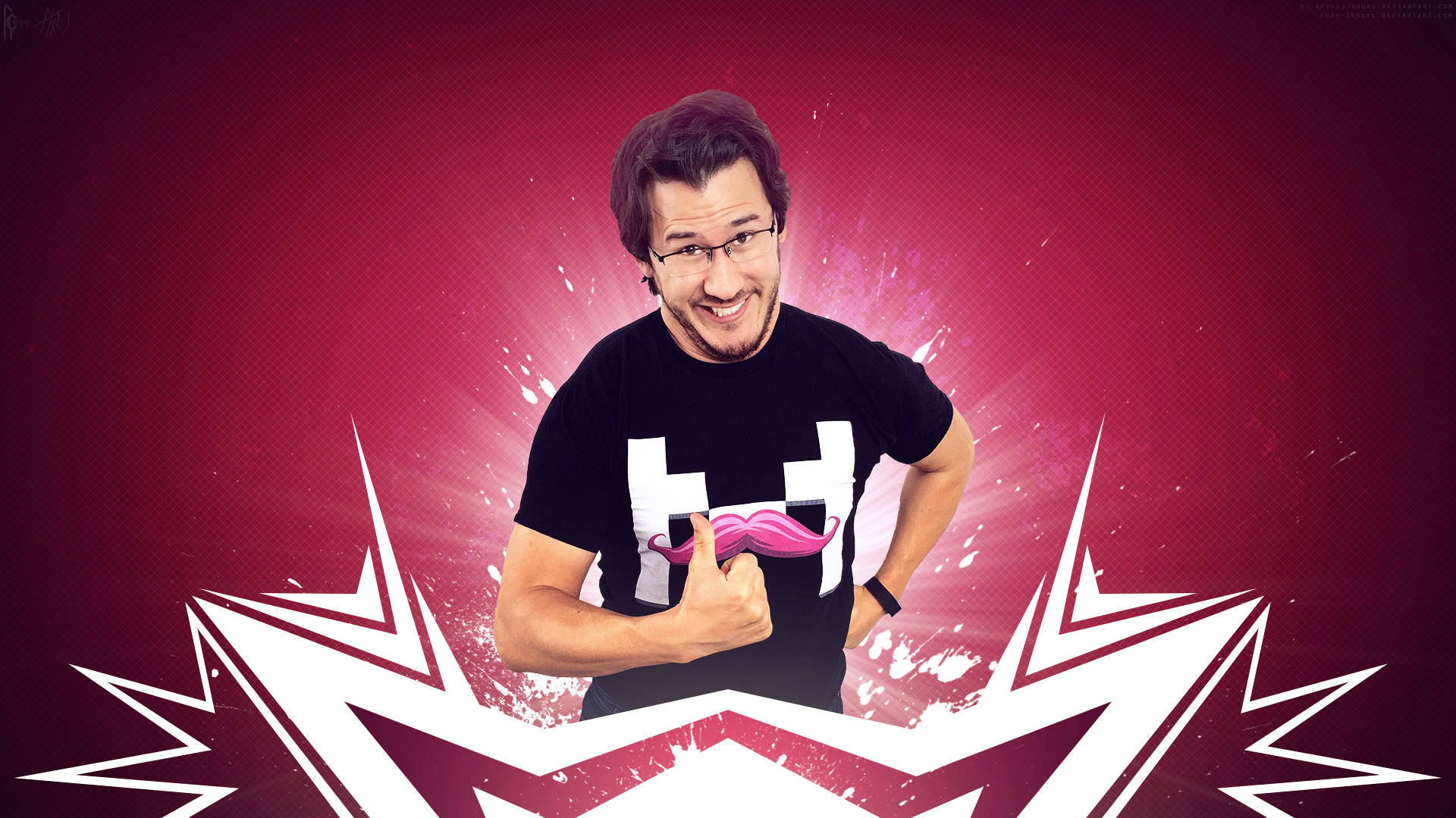 Markiplier, pink mustache graphic, vibrant red background, Full HD Desktop Wallpaper