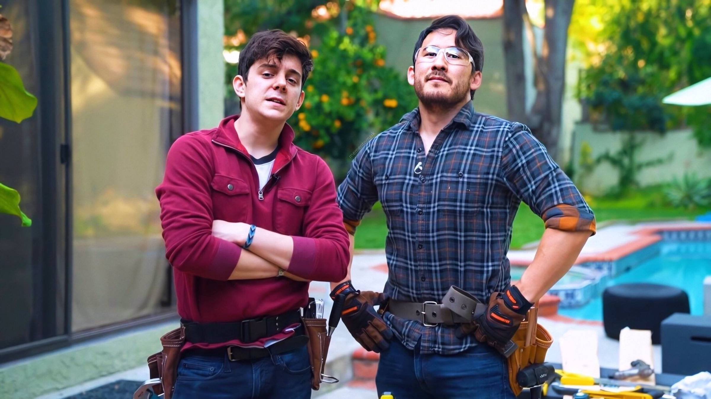 Markiplier, tool belts, sunny backyard, Full HD Desktop Wallpaper
